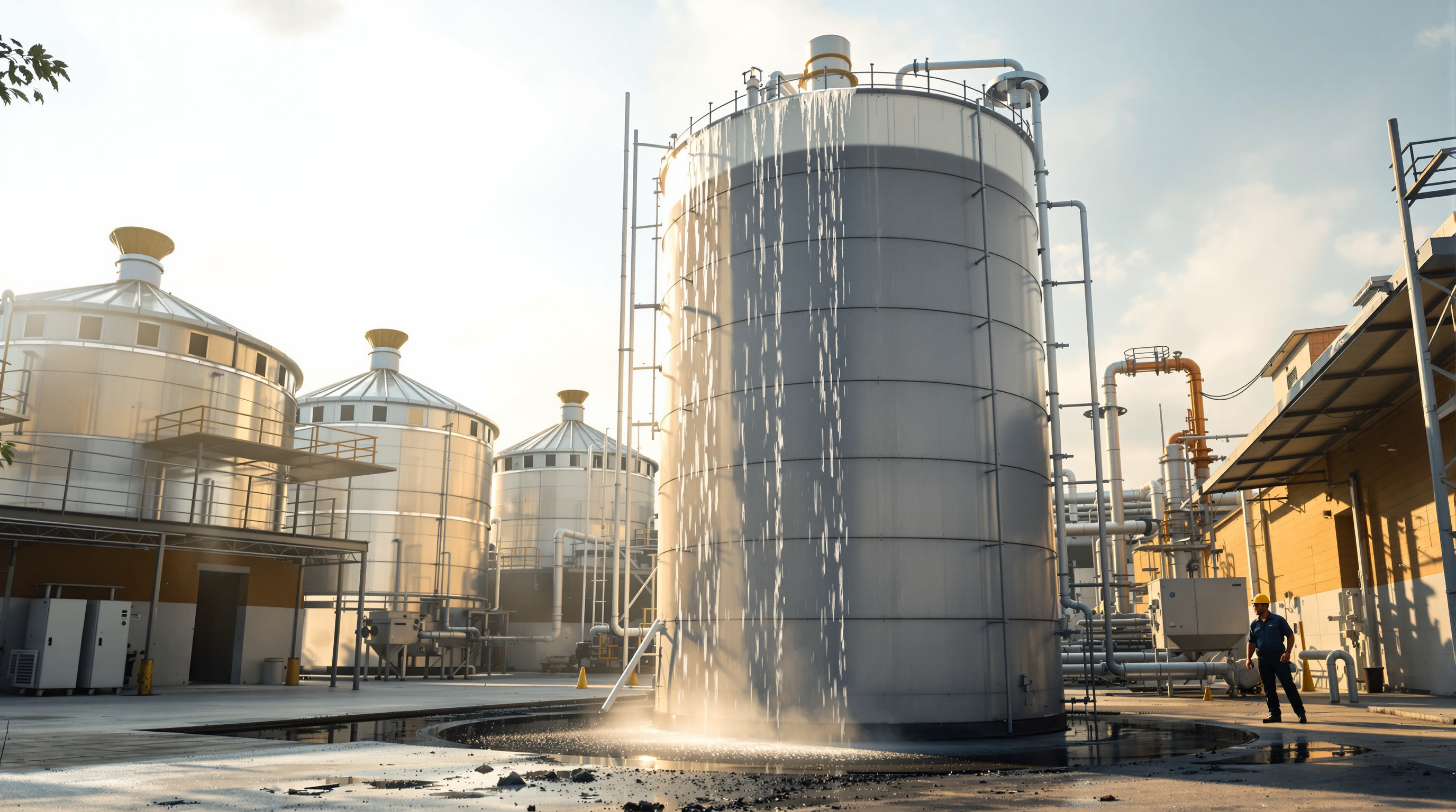 Tall cylindrical packed-media bio tower at an Indian dairy effluent yard with water trickling over the media and an operator at the base