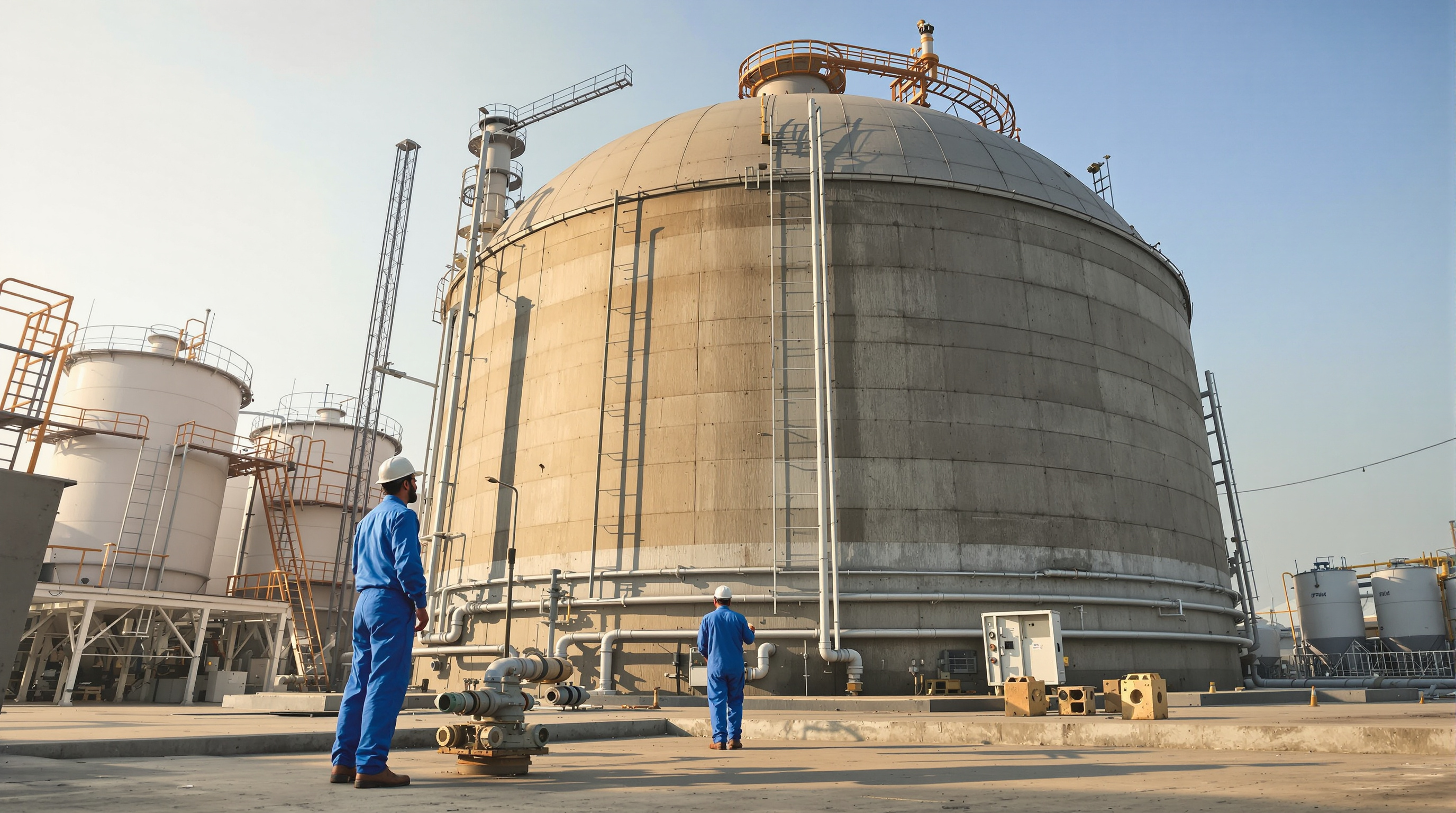 A large sealed anaerobic sludge digester dome at an Indian sewage treatment plant, with a plant operator inspecting pipework in the foreground