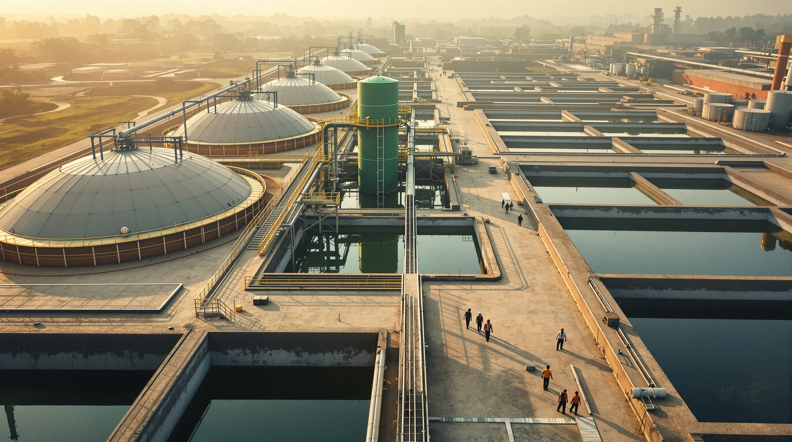 Aerial view of a large Indian municipal sewage treatment plant showing multiple digester tanks, a green gas holder and rectangular treatment basins