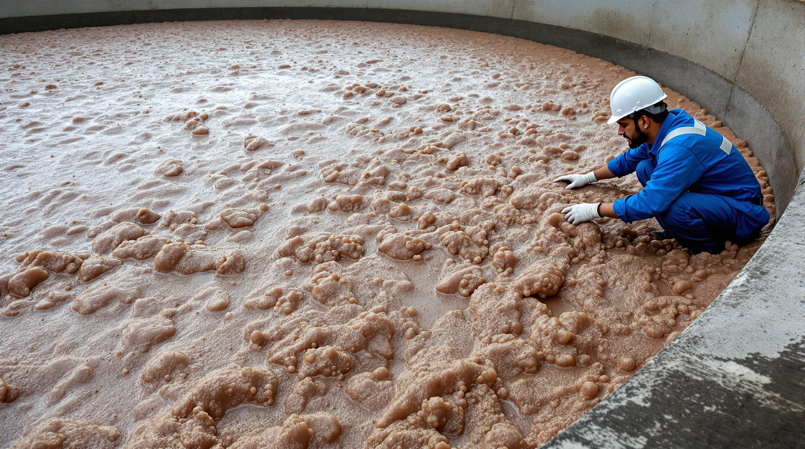 Thick brown foam blanketing the churning surface of an aeration tank at a sewage treatment plant as an operator looks on