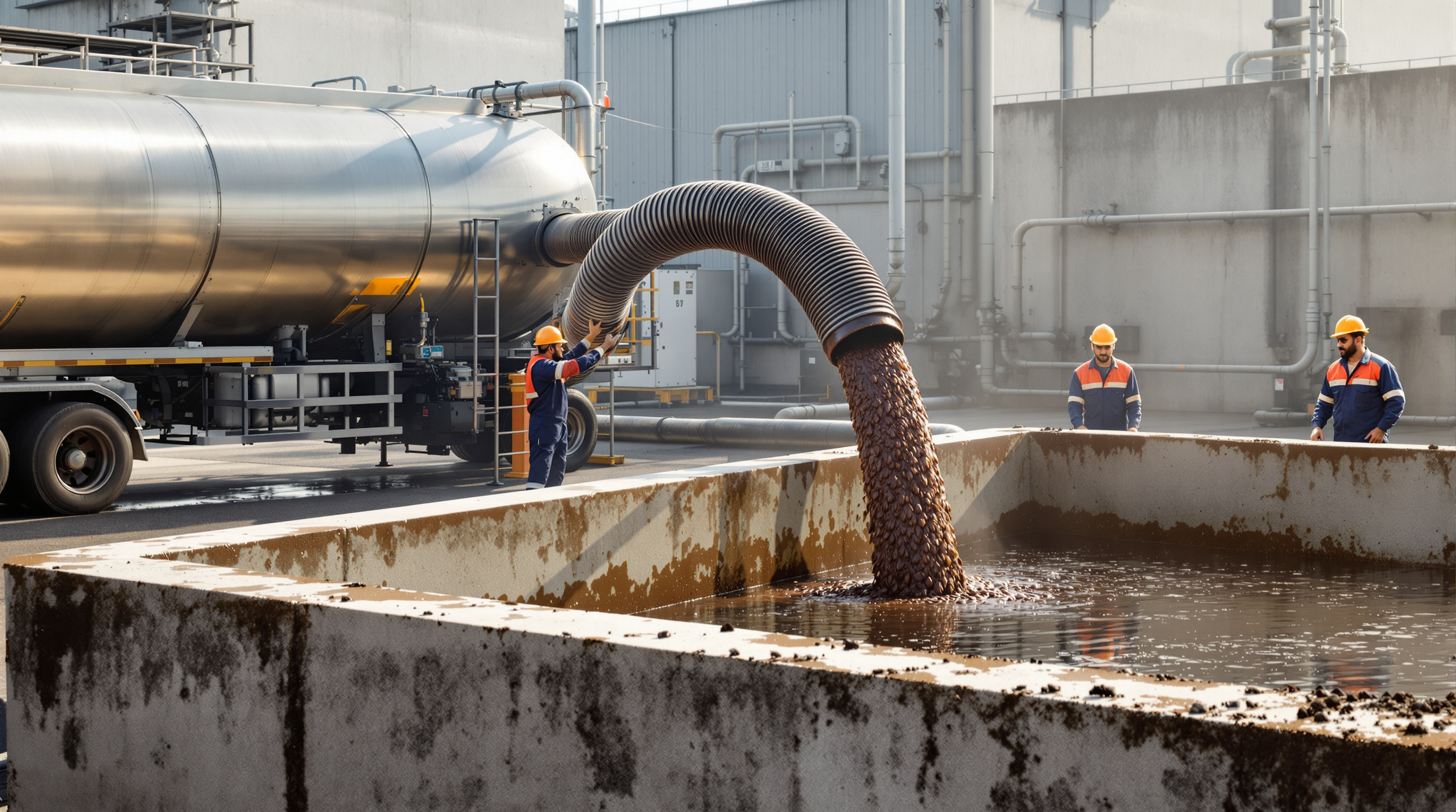A tanker discharging healthy brown seed sludge into an aeration tank while Indian operators supervise the transfer