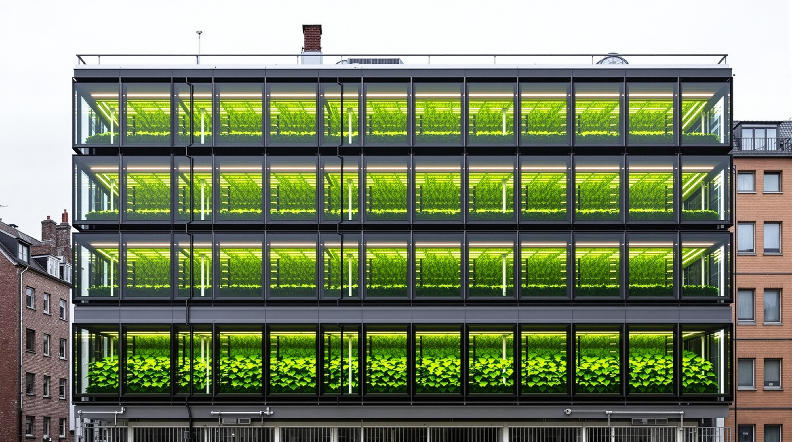 The south-west face of the four-storey BIQ House in Hamburg, its secondary facade formed of an array of flat glass photobioreactor panels filled with bright green microalgae culture, some panels darker where the algae has grown dense to provide shade, service pipework visible feeding carbon dioxide and nutrients to each unit