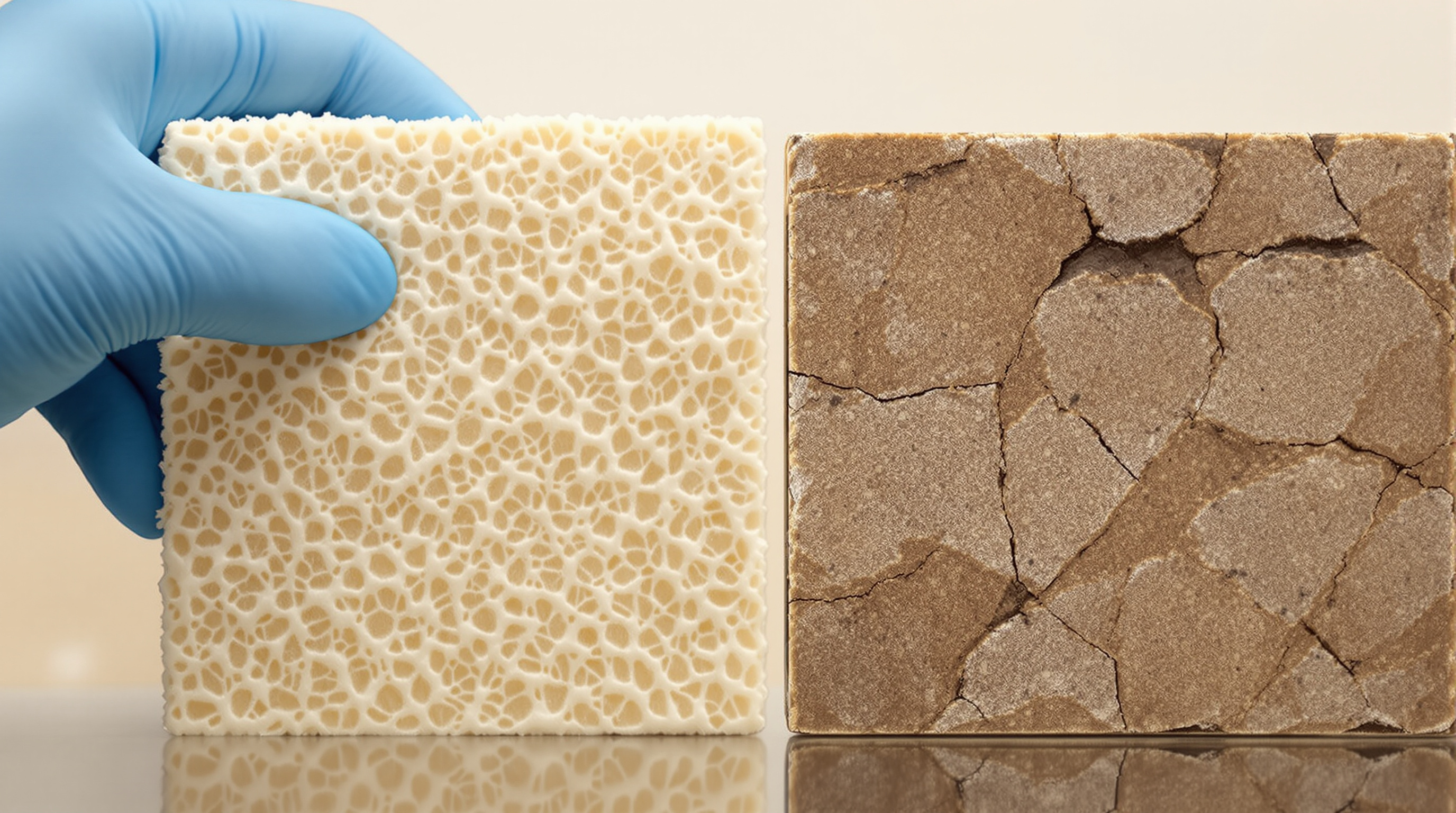 A close-up detail of a mycelium facade panel held in a gloved hand at a European research laboratory, its pale fibrous surface showing the fine grain of fungal growth binding chopped plant waste, alongside a cracked and discoloured older test panel showing weathering and moisture damage after outdoor exposure