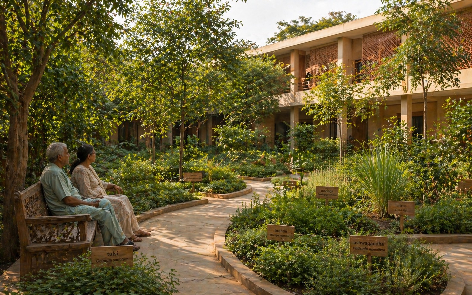 Curated medicinal healing garden in a contemporary Indian hospital — labelled beds of tulsi, brahmi, ashwagandha, neem, and moringa with stone-paved path and Kerala-timber bench, low hospital wing with deep verandah and jali screens beyond