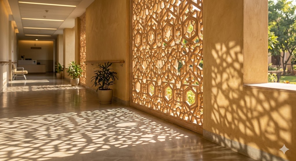 Contemporary CNC-milled sandstone jali screen in an Indian hospital corridor, with afternoon sunlight casting an intricate fractal-density shadow pattern on polished microcement floor and lime-plaster wall