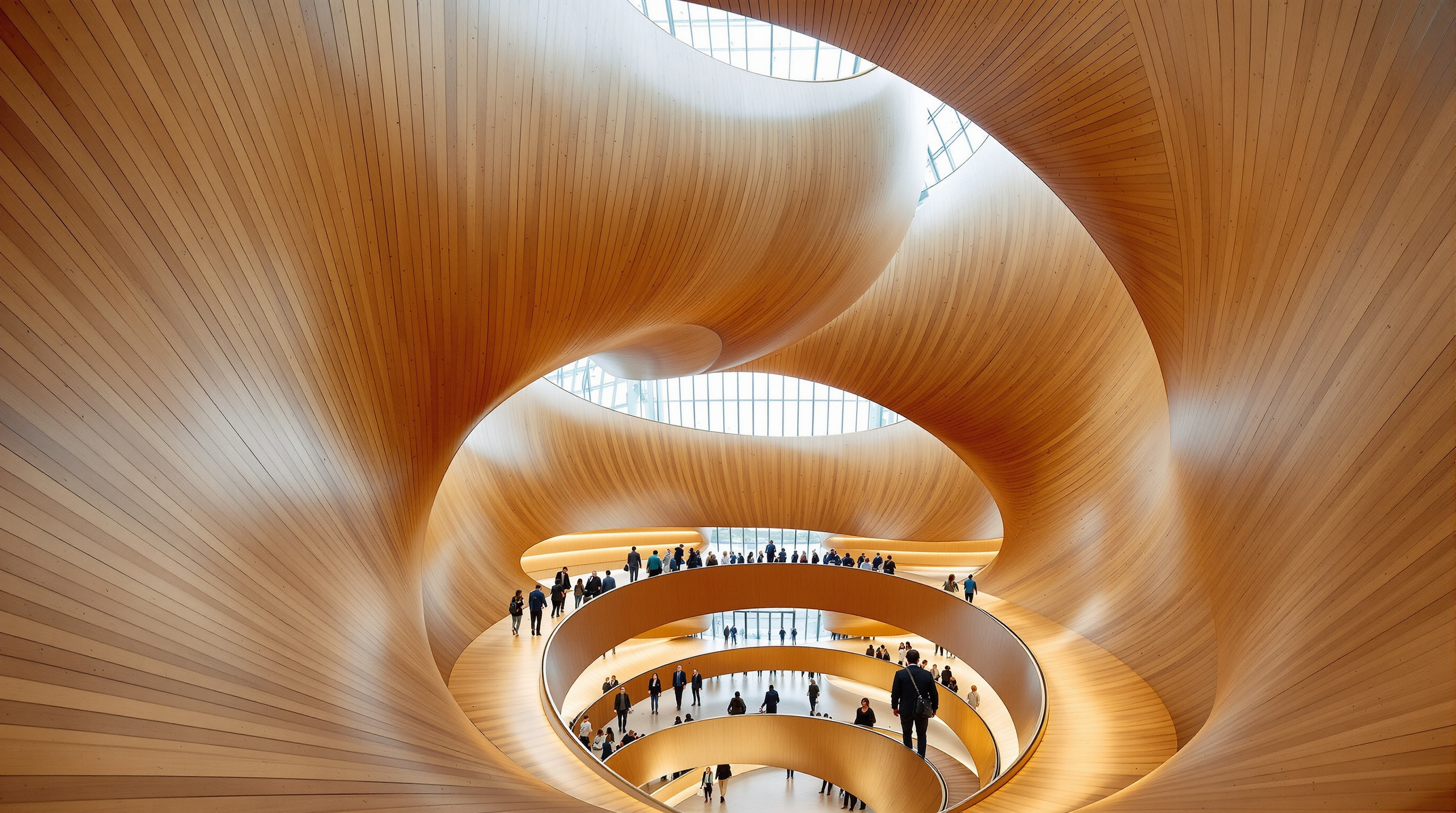 The interior Vortex of Bloomberg London: three sweeping curved timber-panelled shells rising through a tall atrium, a bronze spiral ramp curling upward, people moving along its warm metallic curve under soft even light