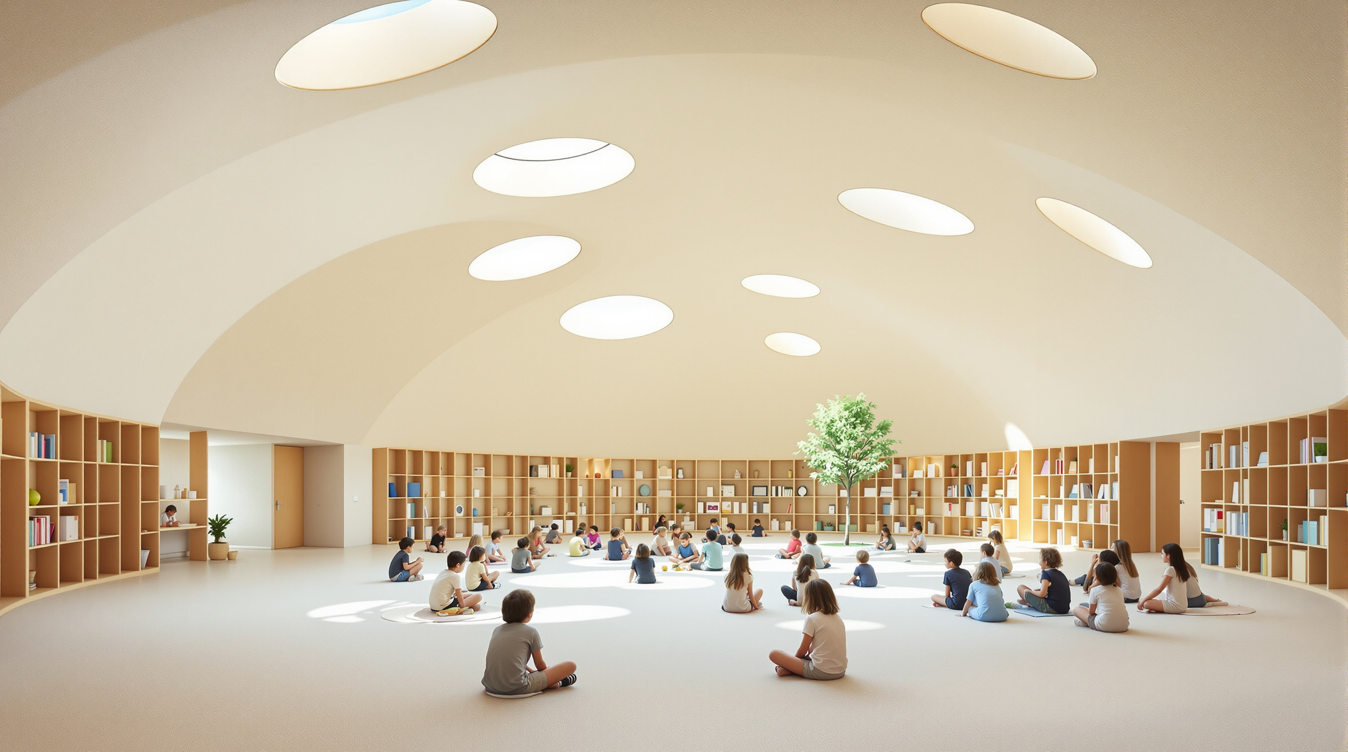 Interior of the Cocoon school: a single flowing curved space with no internal columns or partitions, a smooth pale ceiling dipping and rising overhead, circular skylights casting pools of daylight onto a soft floor where small children sit in loose groups