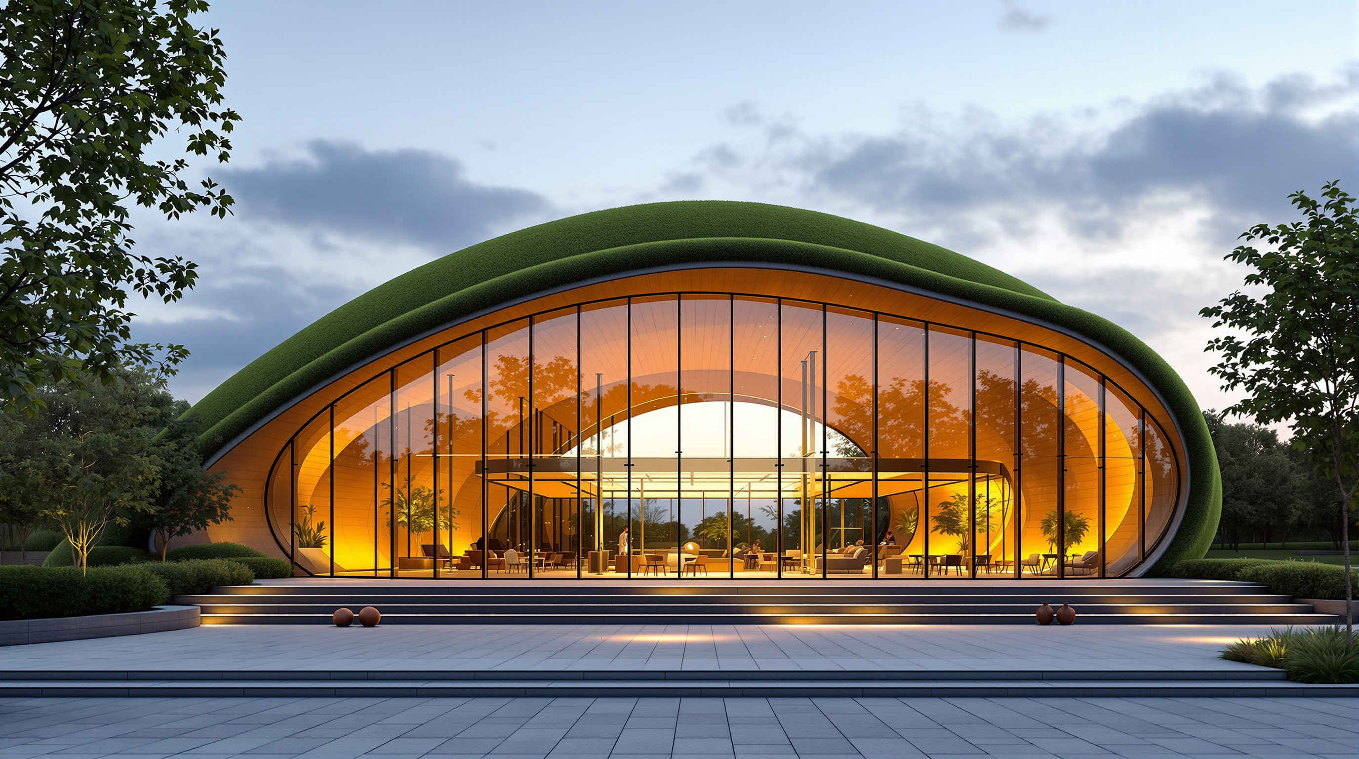 Exterior view of Cocoon at dusk: the turf-covered shell curving gently down to the ground like a green hill, warm light glowing out from the full-height glass beneath the overhang, the sunken courtyard in the foreground with low steps used as seating