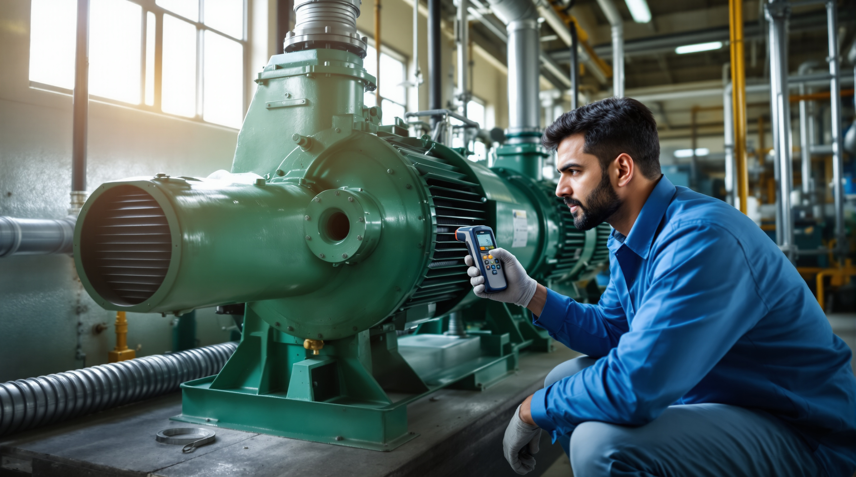 An Indian STP operator holding an infrared thermometer to the bearing housing of a twin-lobe air blower during a daily check