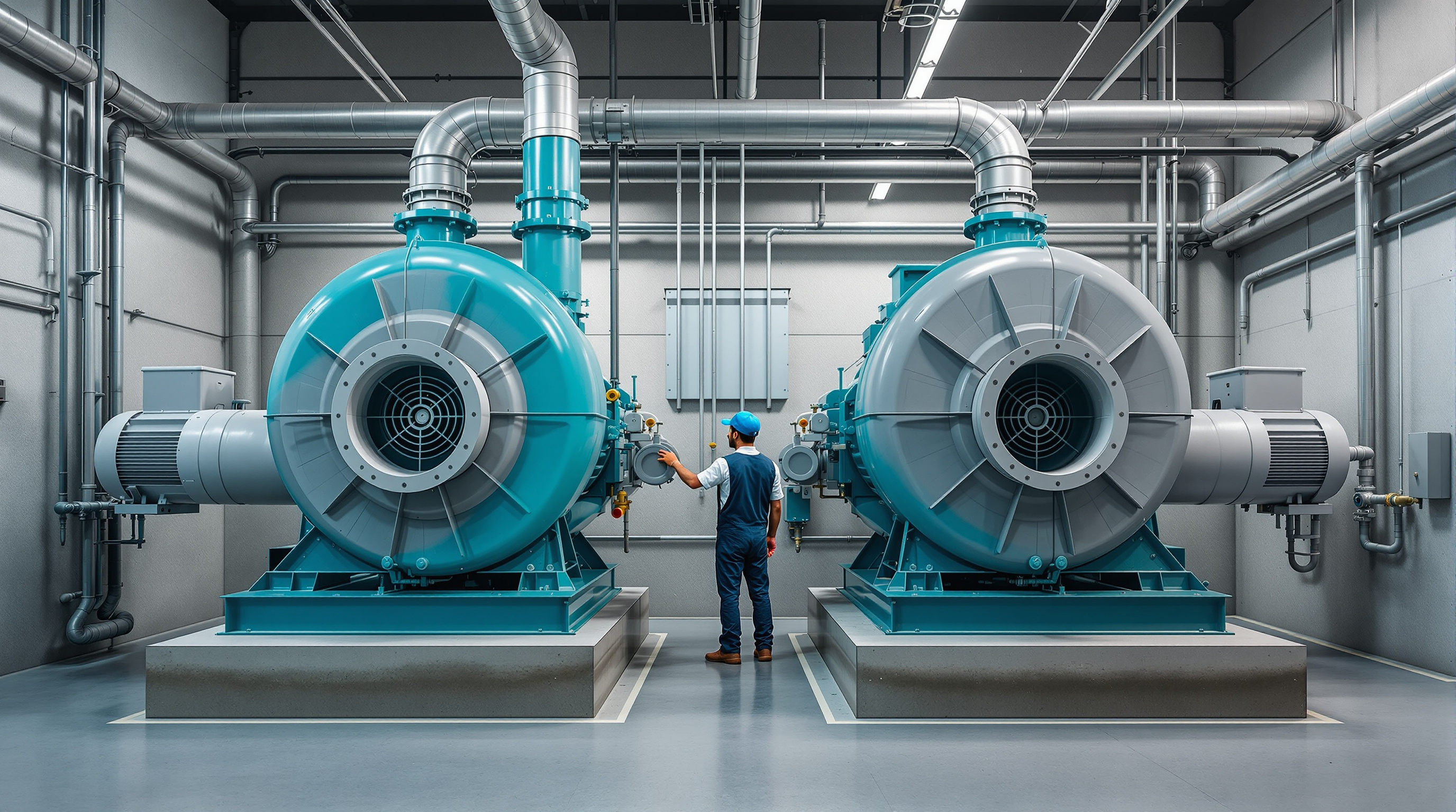 Two identical twin-lobe air blowers installed side by side as duty and standby units in an Indian STP blower room