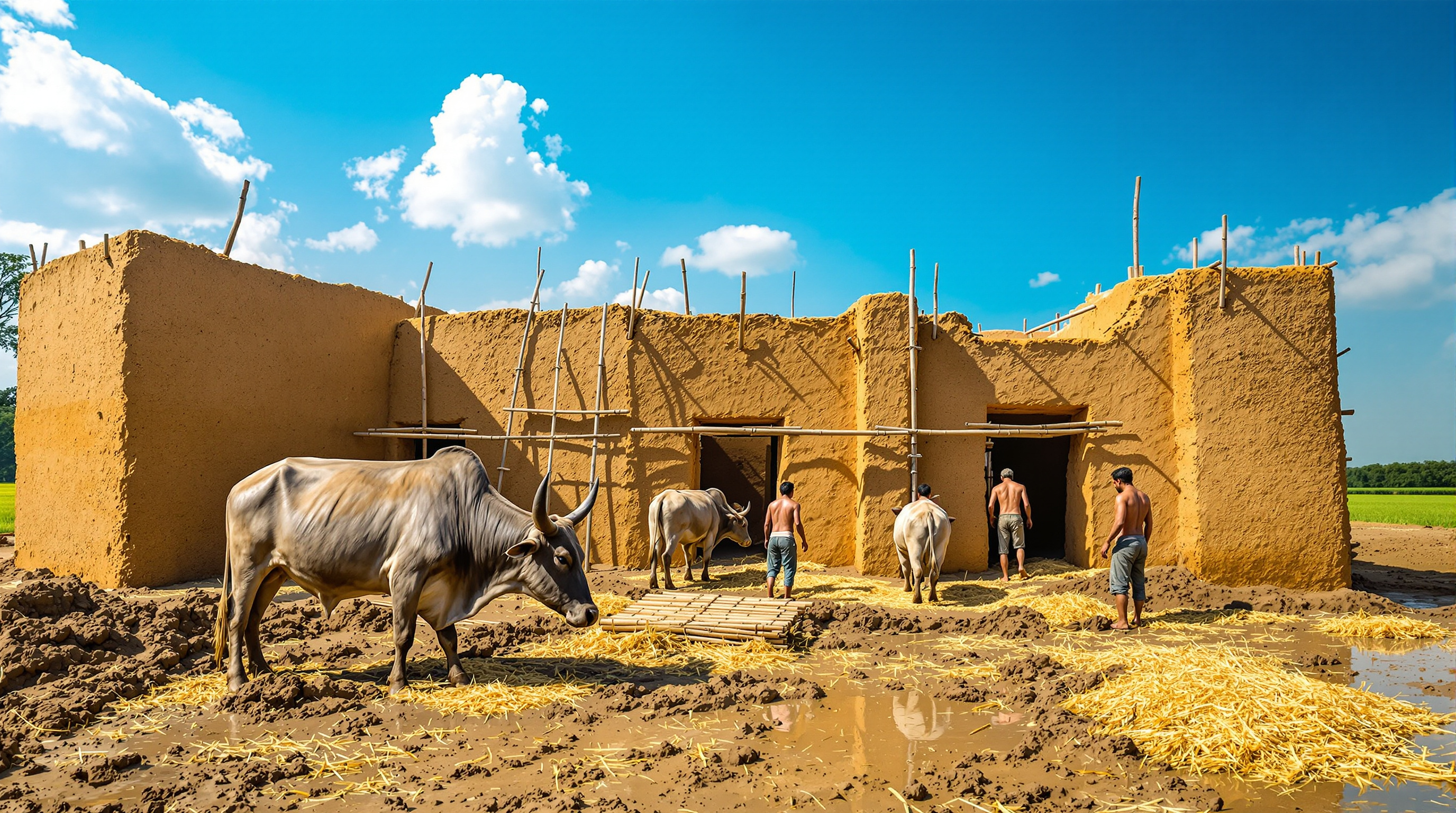 Local workers and water buffalo mixing straw into wet earth on the ground at Rudrapur, treading it into cob, with the half-built honey-coloured earthen walls of the school rising behind them under a bright rural sky