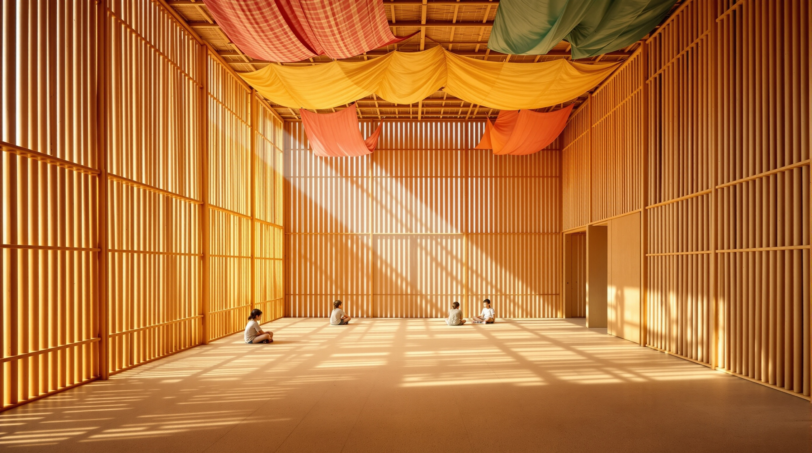 The airy upper hall of the METI school, its walls made of vertical bamboo battens filtering soft daylight into stripes across the earthen floor, with colourful ceiling fabric overhead and children seated on the floor