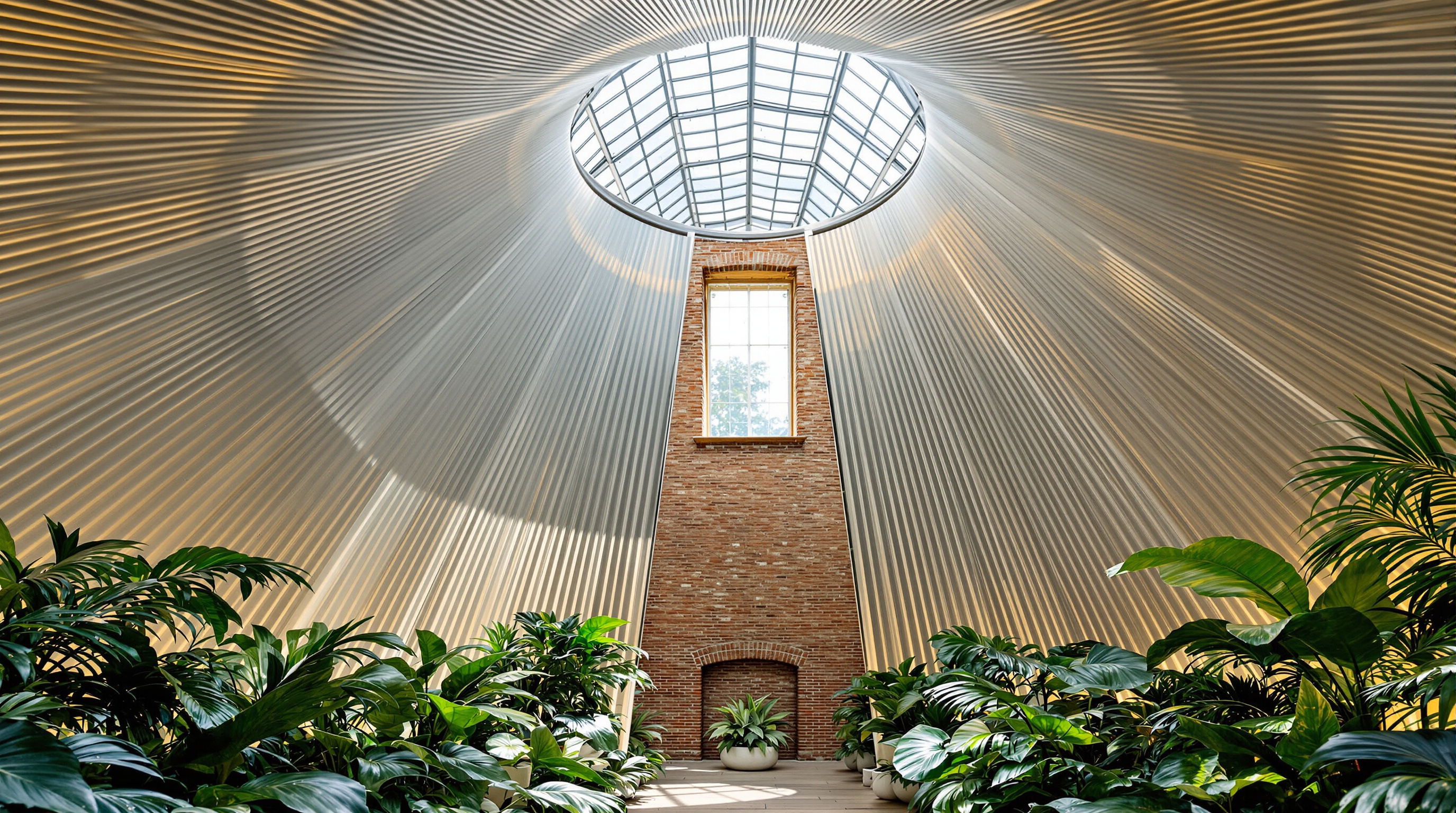 One of the twisting bronze-and-glass Bombay Sapphire glasshouses seen from below inside, its pleated ribs of stainless steel spiralling upward and narrowing toward a rectangular opening in the brick still house, tropical botanical plants growing at its base