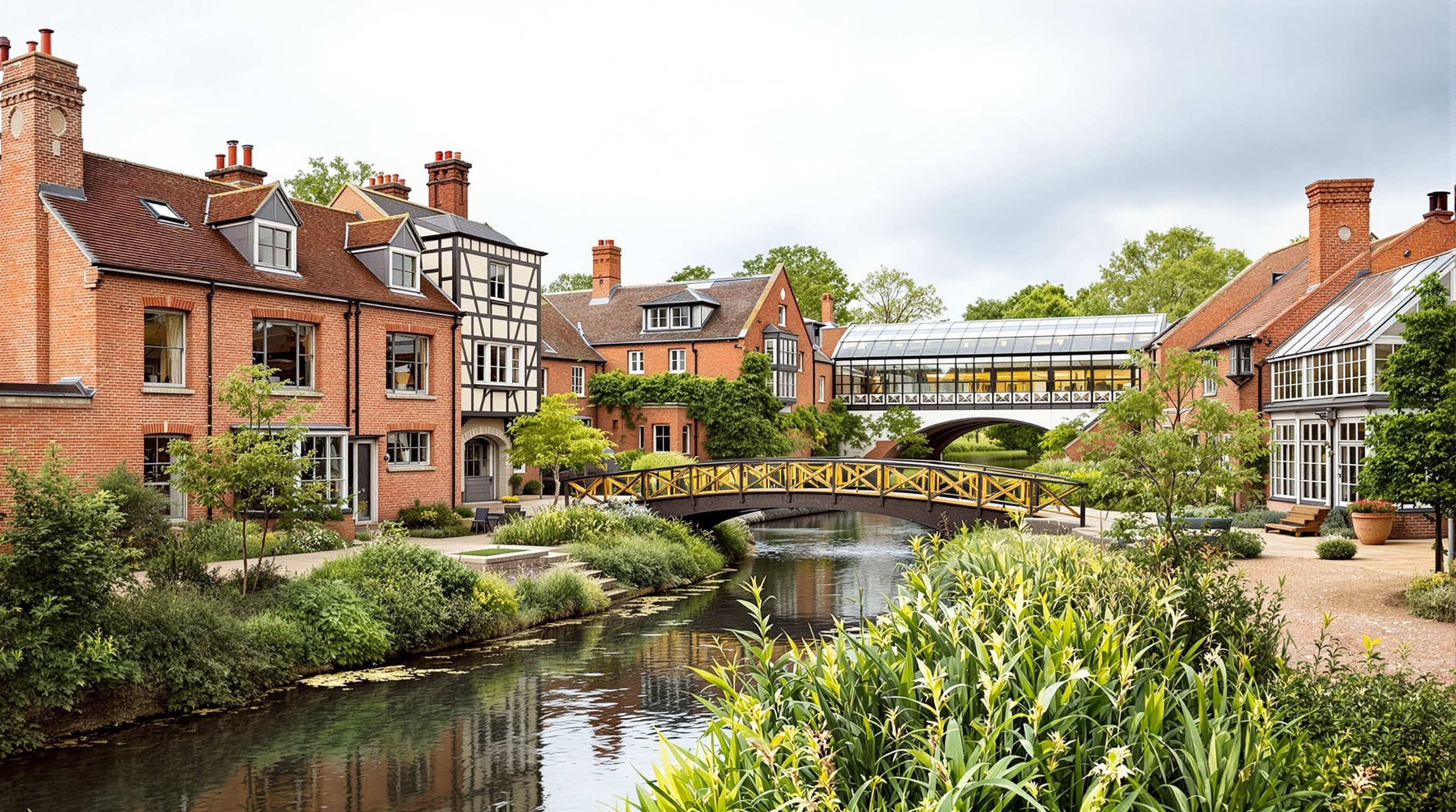 The restored red-brick and flint Georgian mill buildings of Laverstoke ranged around a new central courtyard, the clear chalk waters of the widened River Test running between them under a footbridge, the twisting glasshouses visible beyond