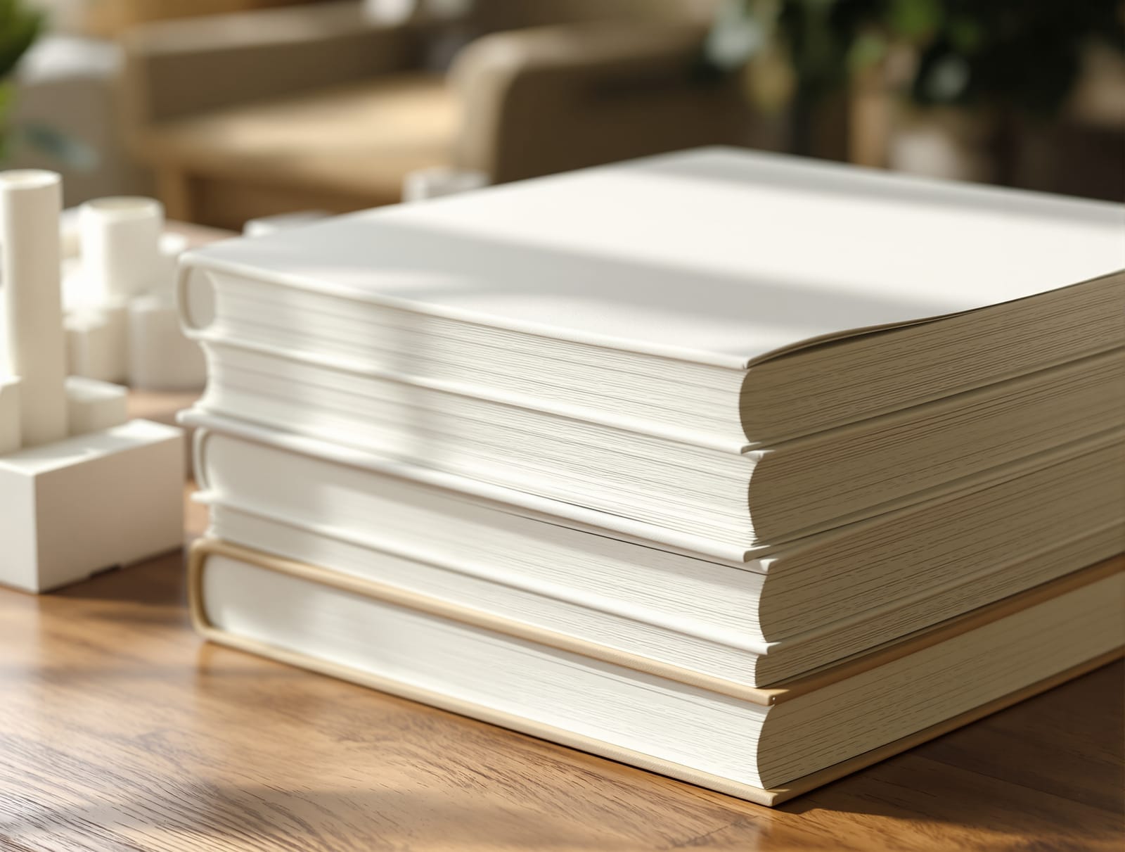 A stack of architecture books with an architectural model on a desk