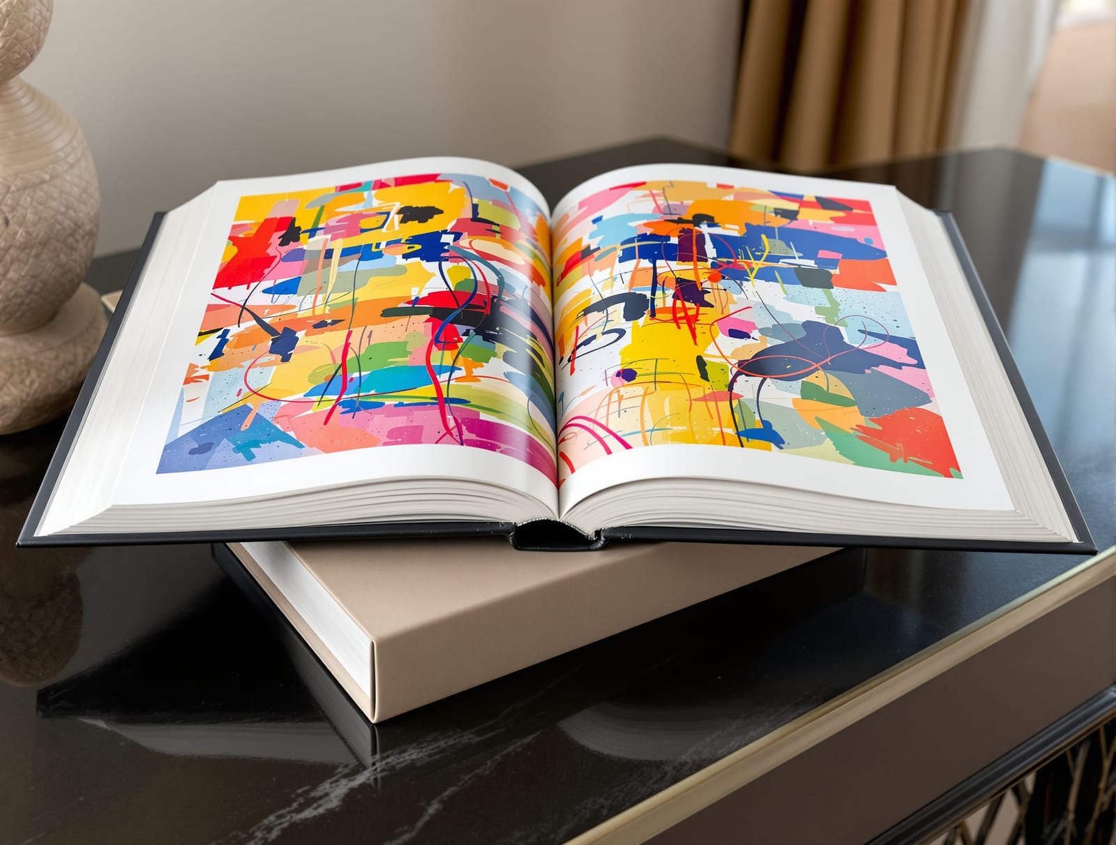 A stack of art books leaning beside framed abstract art