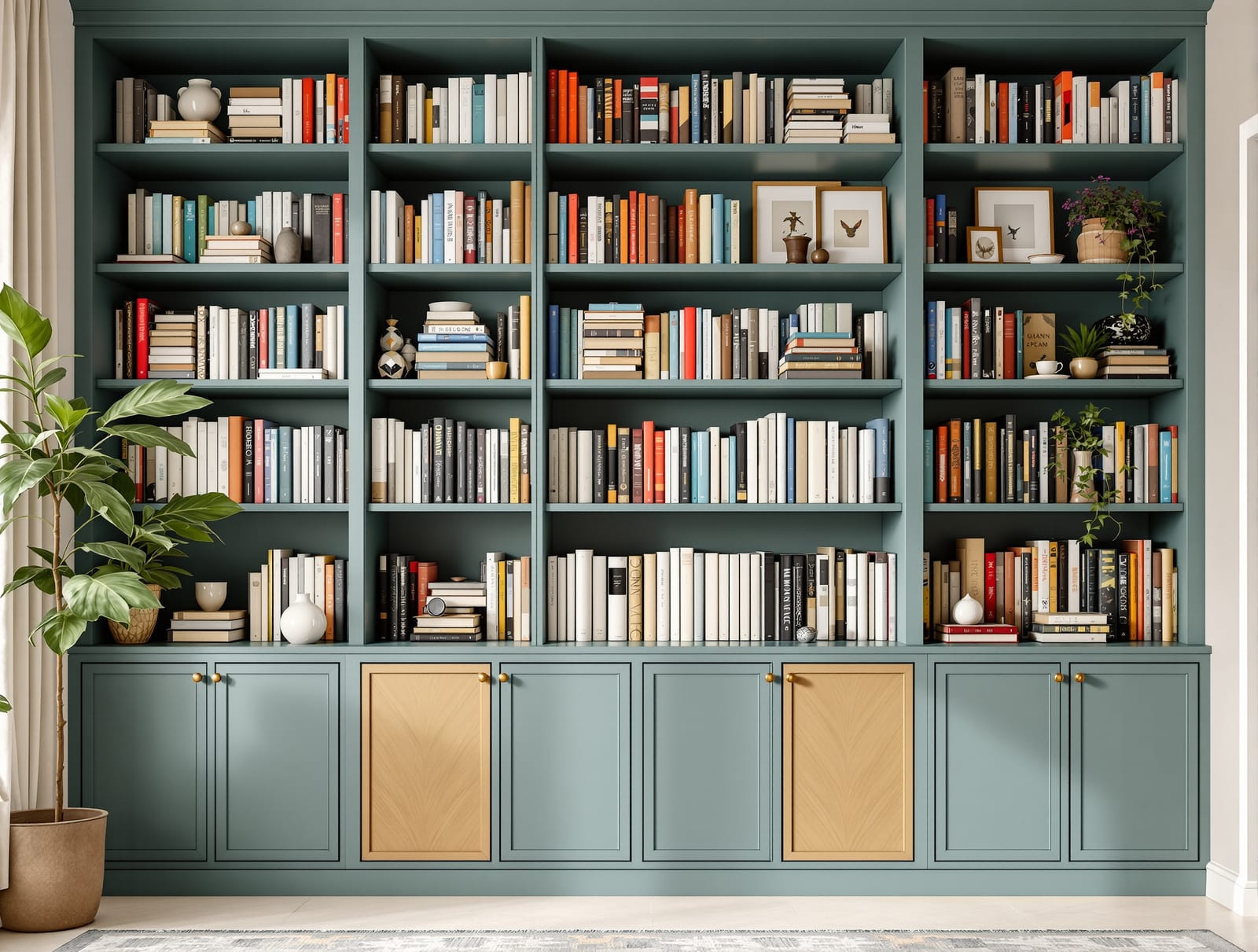 A styled bookshelf with colour-arranged books and objects in an Indian home