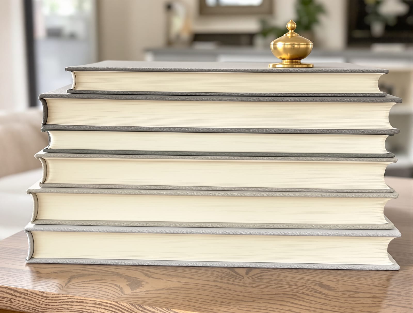 A stack of plain coffee-table books with pages facing out on a table