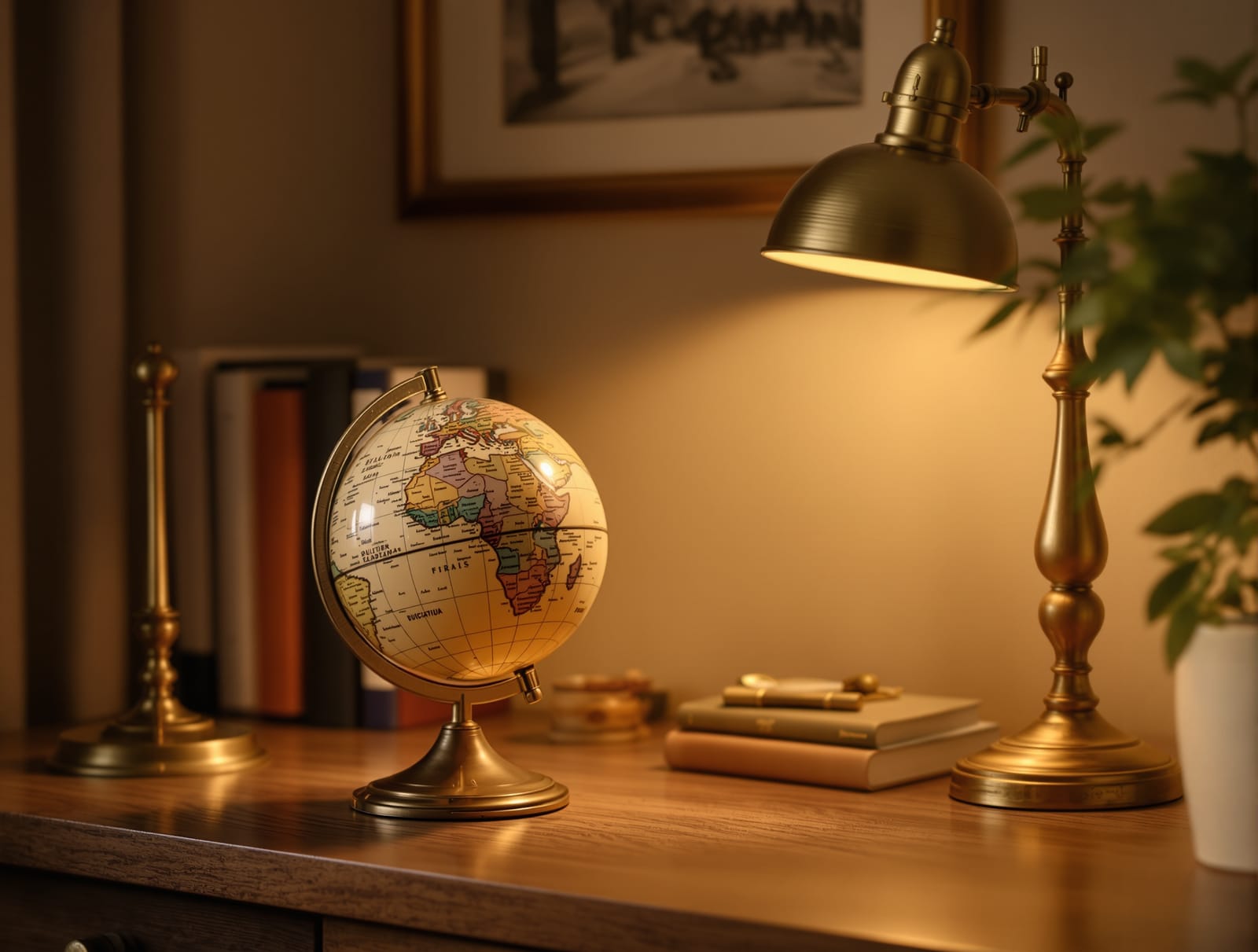 A vintage desk globe with a brass lamp in an Indian study