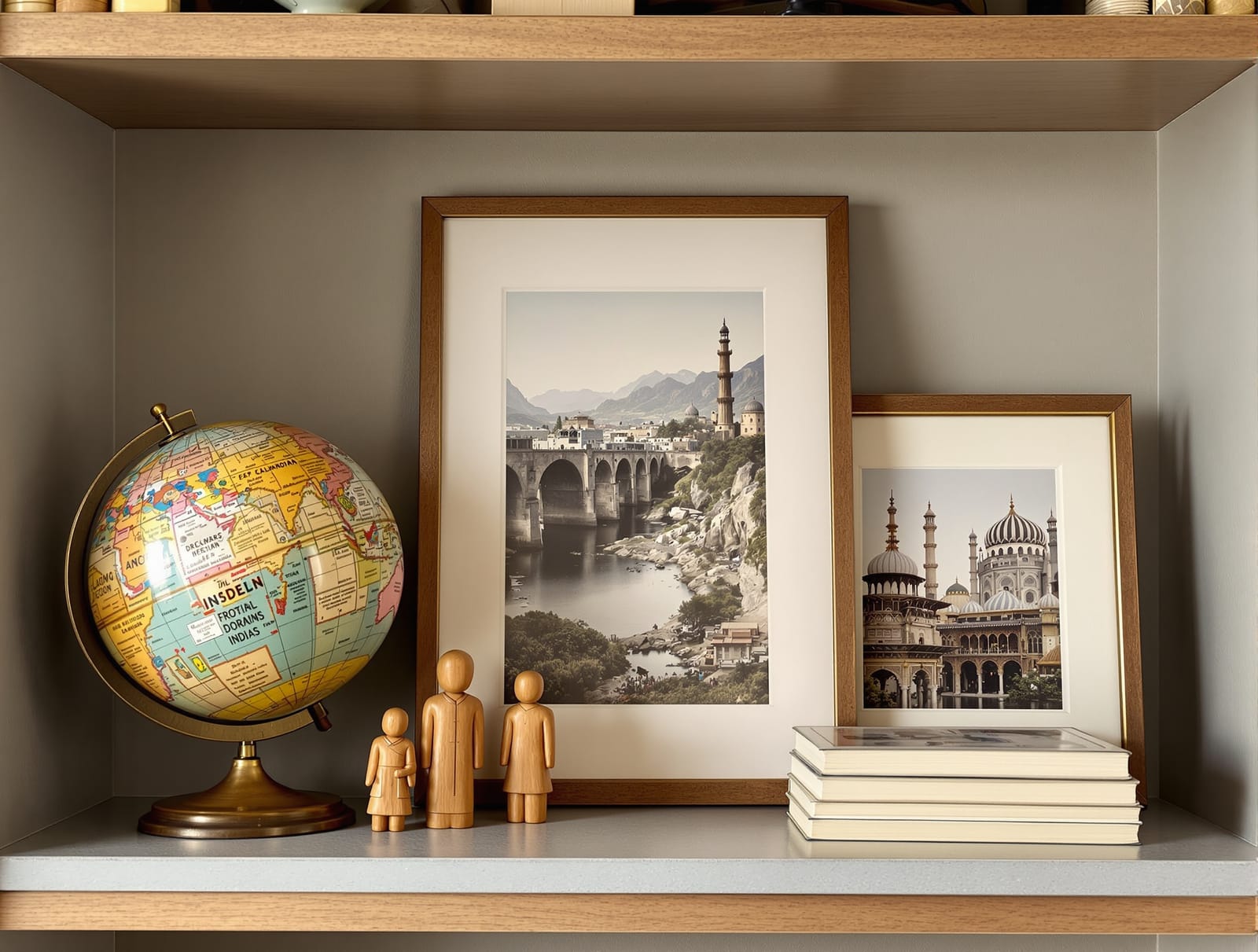 A shelf vignette of travel mementoes, a globe and framed photographs