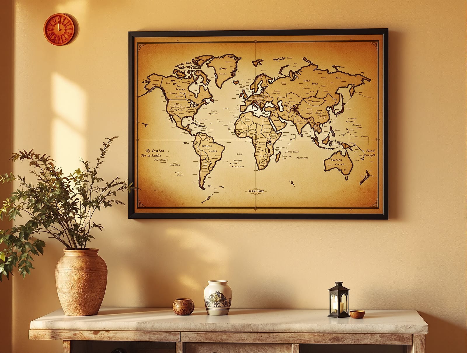An antique sepia world map framed on a wall in an Indian home