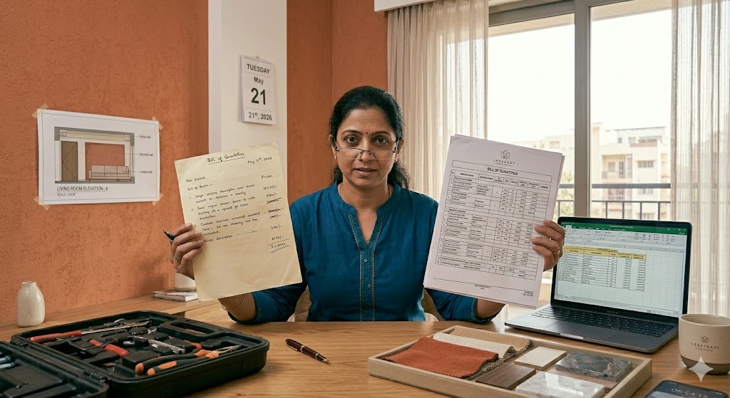 Medium photograph of an Indian interior designer at her studio desk holding up two BOQ documents side by side toward the camera for comparison, the left document a thin one-page handwritten quote with vague descriptions, the right document a multi-page typed and stamped BOQ with detailed columns and brand specifications visible, the designer in a smart blue blouse with reading glasses tipping forward, her expression illustrating the contrast between the two, a laptop screen behind her showing an Excel BOQ template, natural daylight from a large studio window, professional explanation moment — the difference between a bad BOQ and a good BOQ is ₹ 2-3 L of mid-build dispute risk