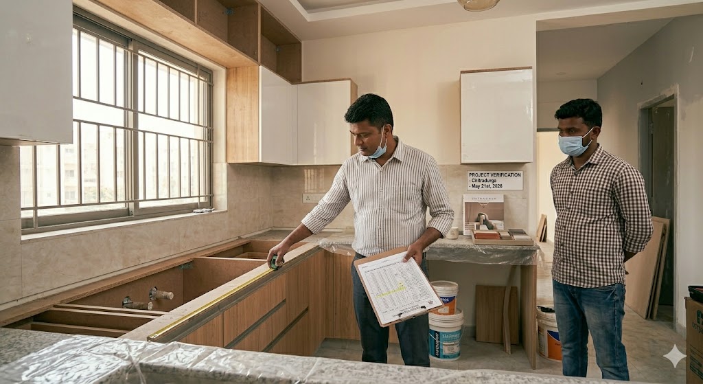 Wide-angle photograph of an Indian homeowner verifying installed kitchen against the BOQ at site, the male homeowner in a casual shirt with a printed BOQ on a clipboard in his left hand and a steel measuring tape in his right hand, in the act of measuring the width of an installed kitchen cabinet against the dimension stated in the BOQ, the carpenter or contractor standing slightly to the side observing politely, the modular kitchen freshly installed but not yet finished with countertop, all cabinets in HDHMR carcass with acrylic shutters partly visible, natural daylight from kitchen window, methodical homeowner-protective due-diligence atmosphere — tracking delivered quantities against BOQ quantities is the last-mile discipline that closes the spec lock