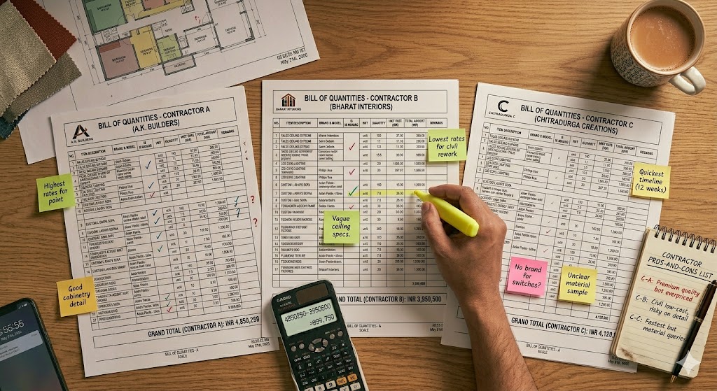 Overhead flat lay photograph of a wooden desk with three printed Bill of Quantities documents spread side by side from three different contractors for the same Indian interior project, each labelled Contractor A, Contractor B, and Contractor C with different total figures visible at the bottom of each, a person hand with a yellow highlighter actively marking line items on the middle document, sticky notes on each BOQ with comparative annotations, a calculator showing a comparison calculation, a cup of chai at the top edge, a small notebook with handwritten pros-and-cons list, warm natural lighting, serious procurement decision being made — line-level comparison is the only honest way to evaluate competing contractor quotes