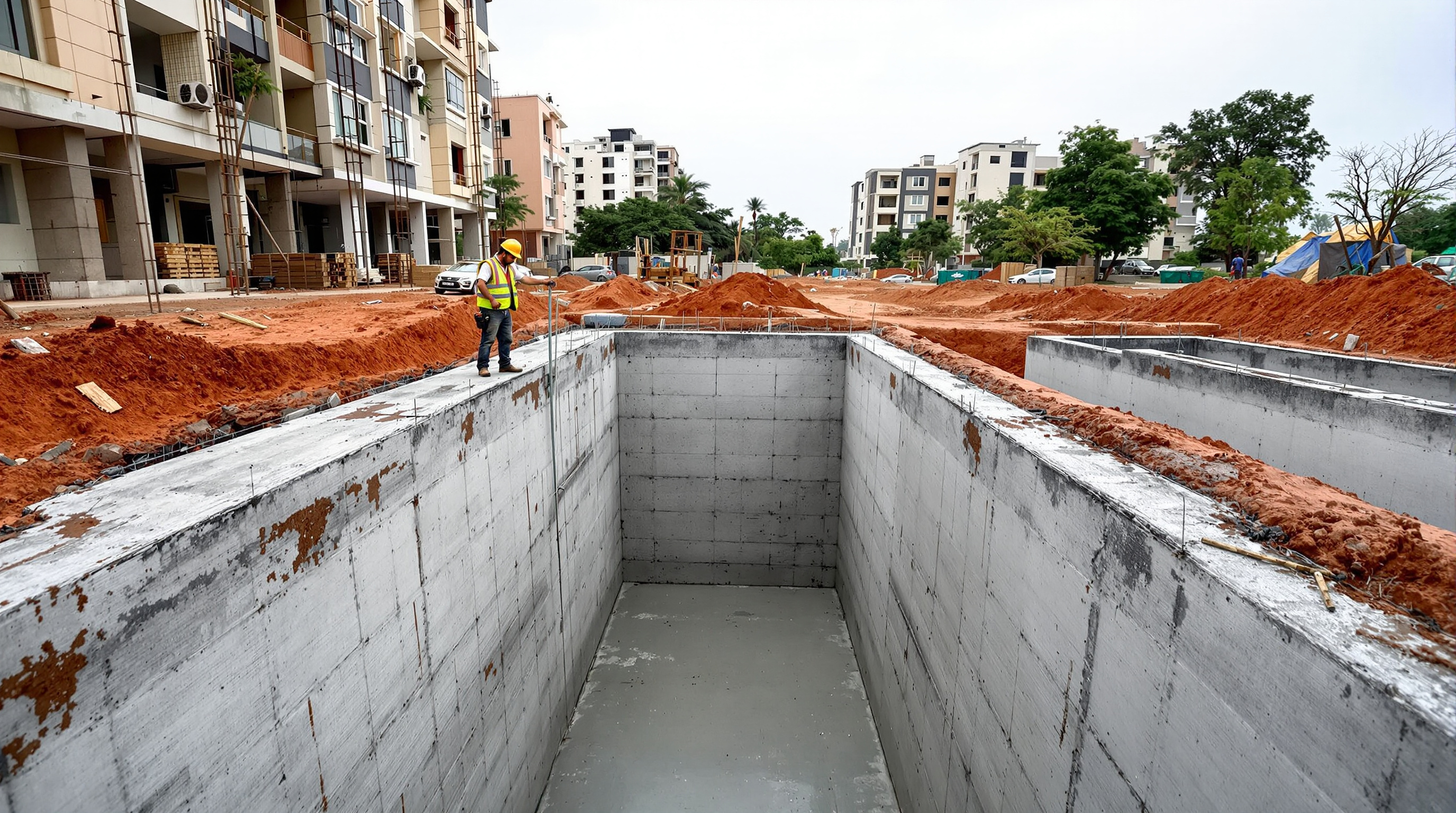 Reinforced concrete sewage treatment tanks under construction at a residential plant site in India, with rebar, formwork and freshly poured walls