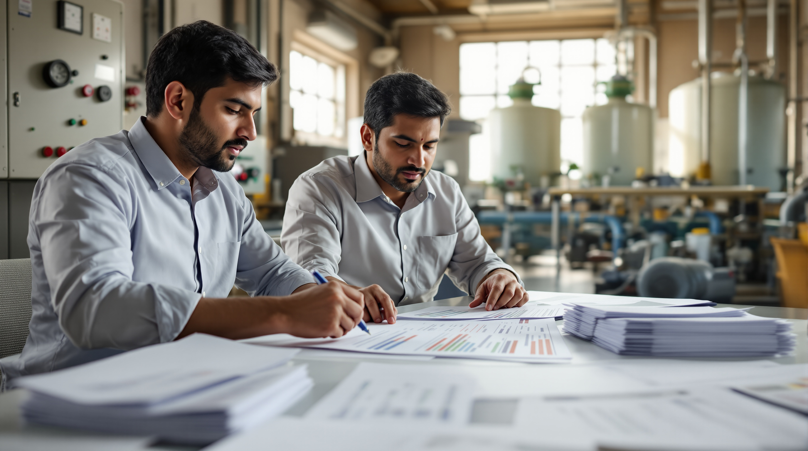 Two Indian project engineers comparing printed quotation documents on a table at a sewage treatment plant, with a control panel in the background
