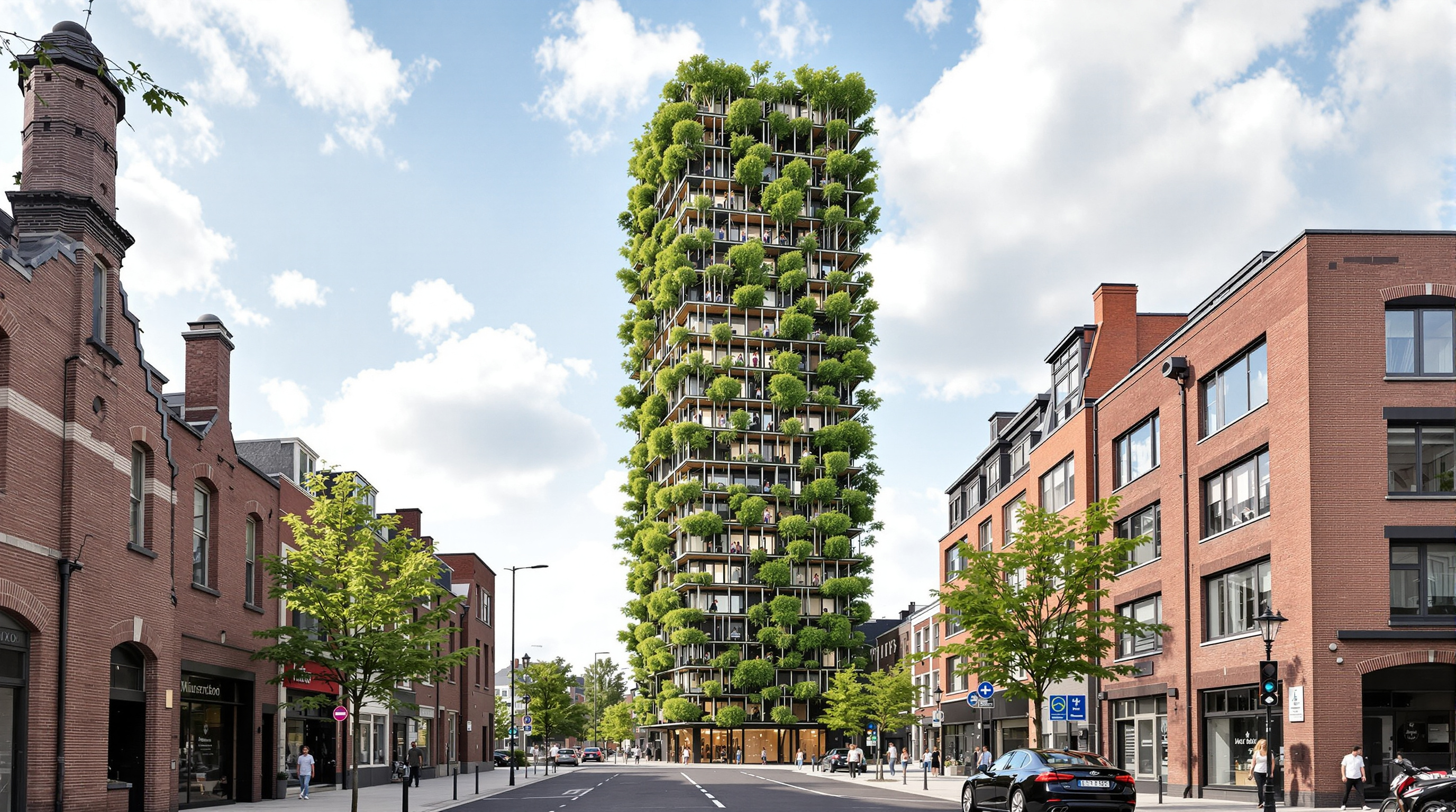 Wide street-level view looking up at the full height of the Trudo Vertical Forest tower on the Strijp-S site in Eindhoven, its four planted facades rising above the surrounding low brick and industrial buildings of the former Philips district, trees visible on every floor