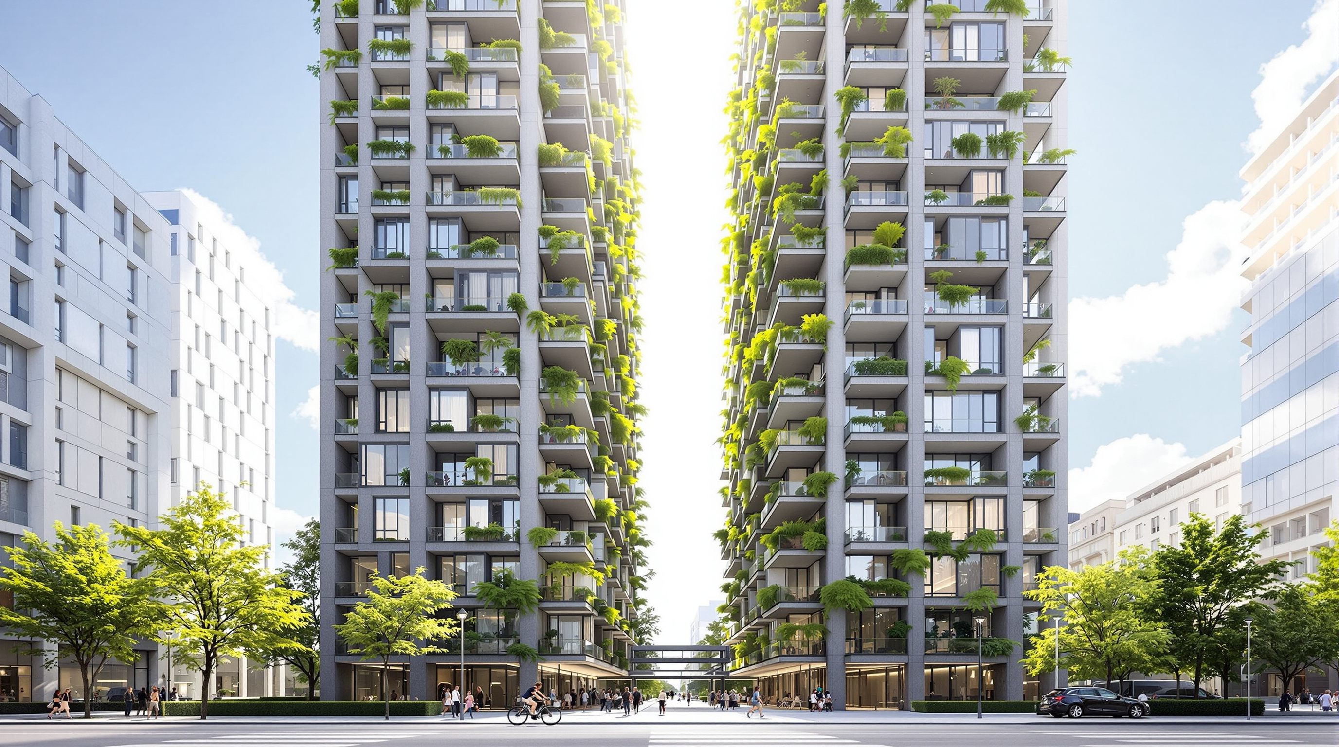 Wide street-level view looking up between the two Bosco Verticale towers, their staggered green balconies receding into the sky, pedestrians and cyclists passing below on the Porta Nuova pavement
