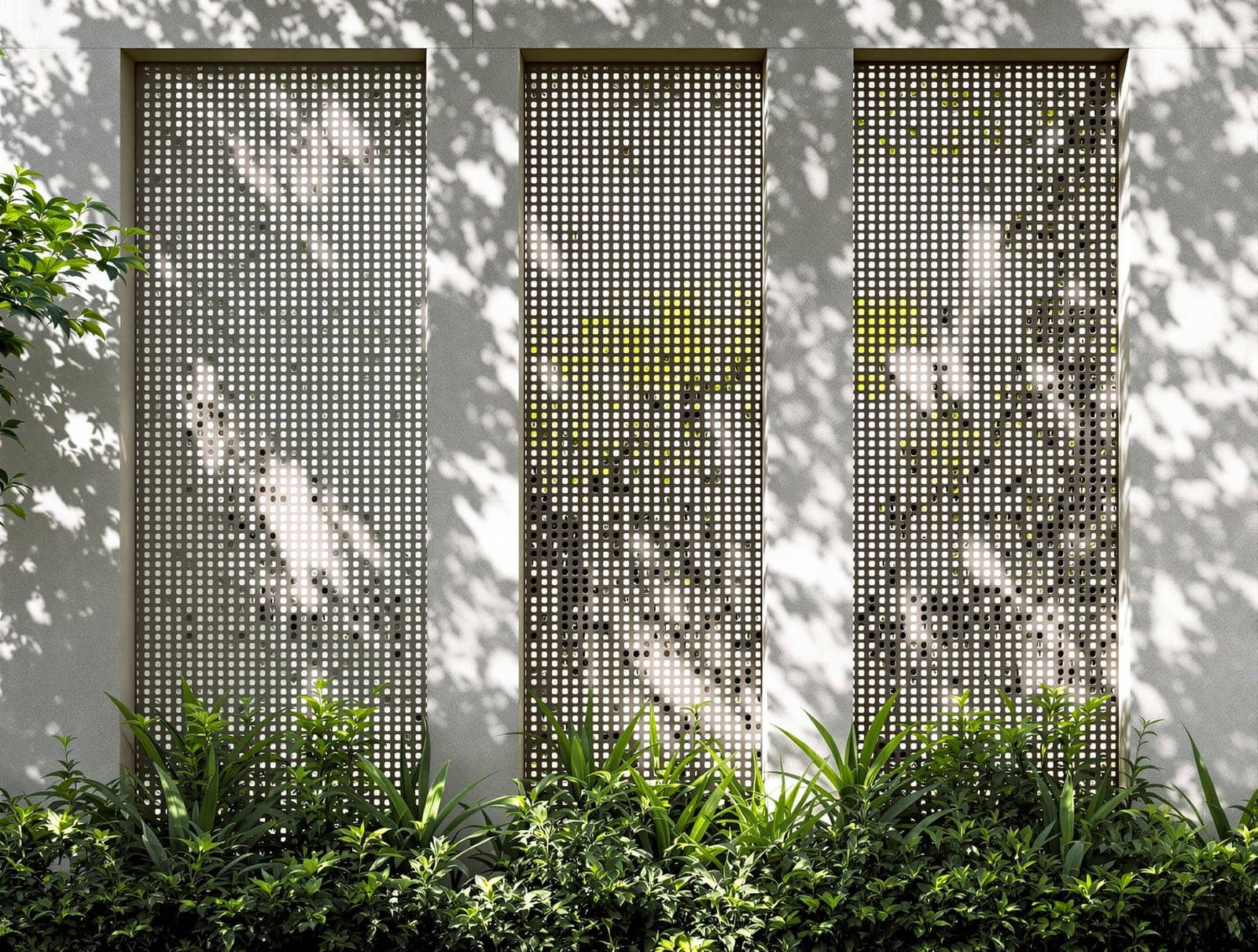 A jaali perforated boundary wall of an Indian home letting breeze and dappled light through while keeping privacy, with planting at the base