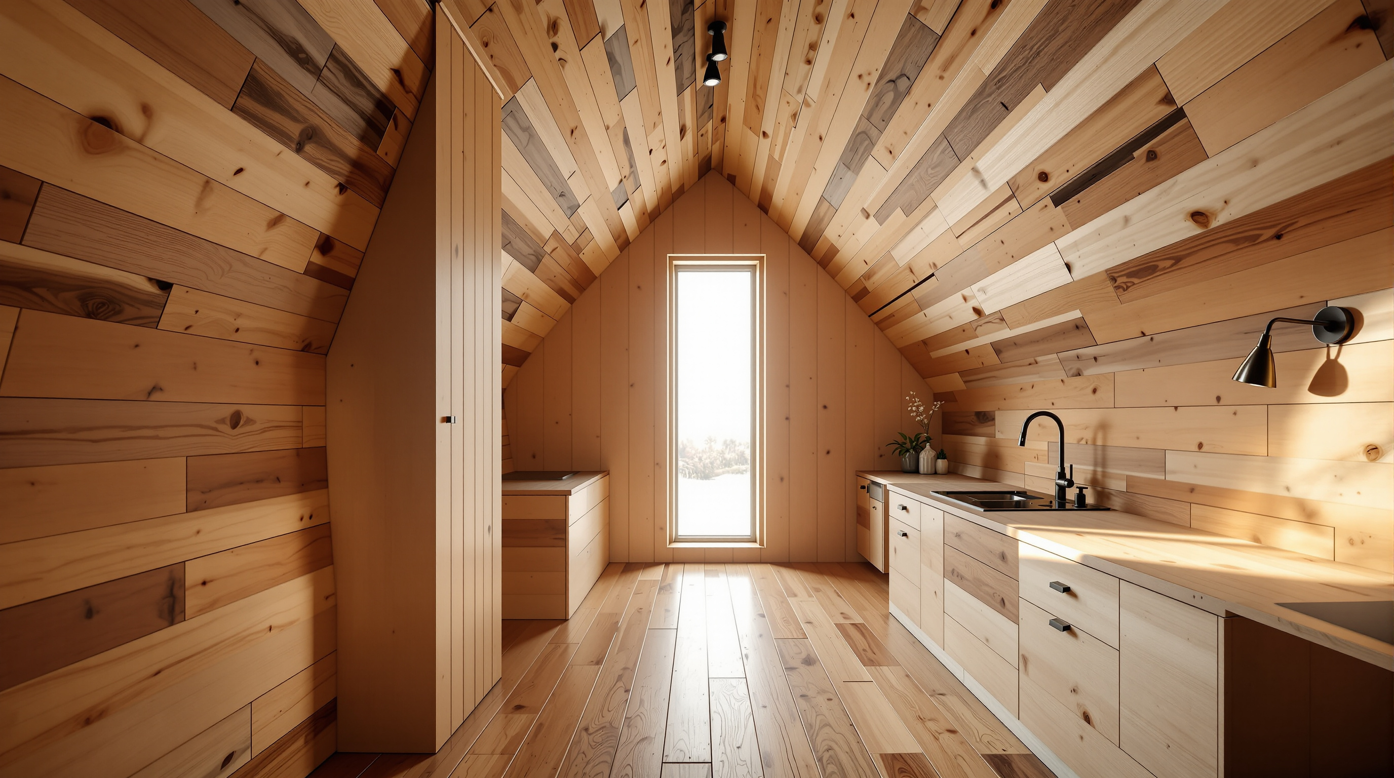 Interior of Boxhome looking up through the compact double-height living space, every wall and built-in surface lined in different rough-sawn timbers — warm pine, pale birch, dark nut and red oak — with a single tall window casting a blade of daylight across the grain