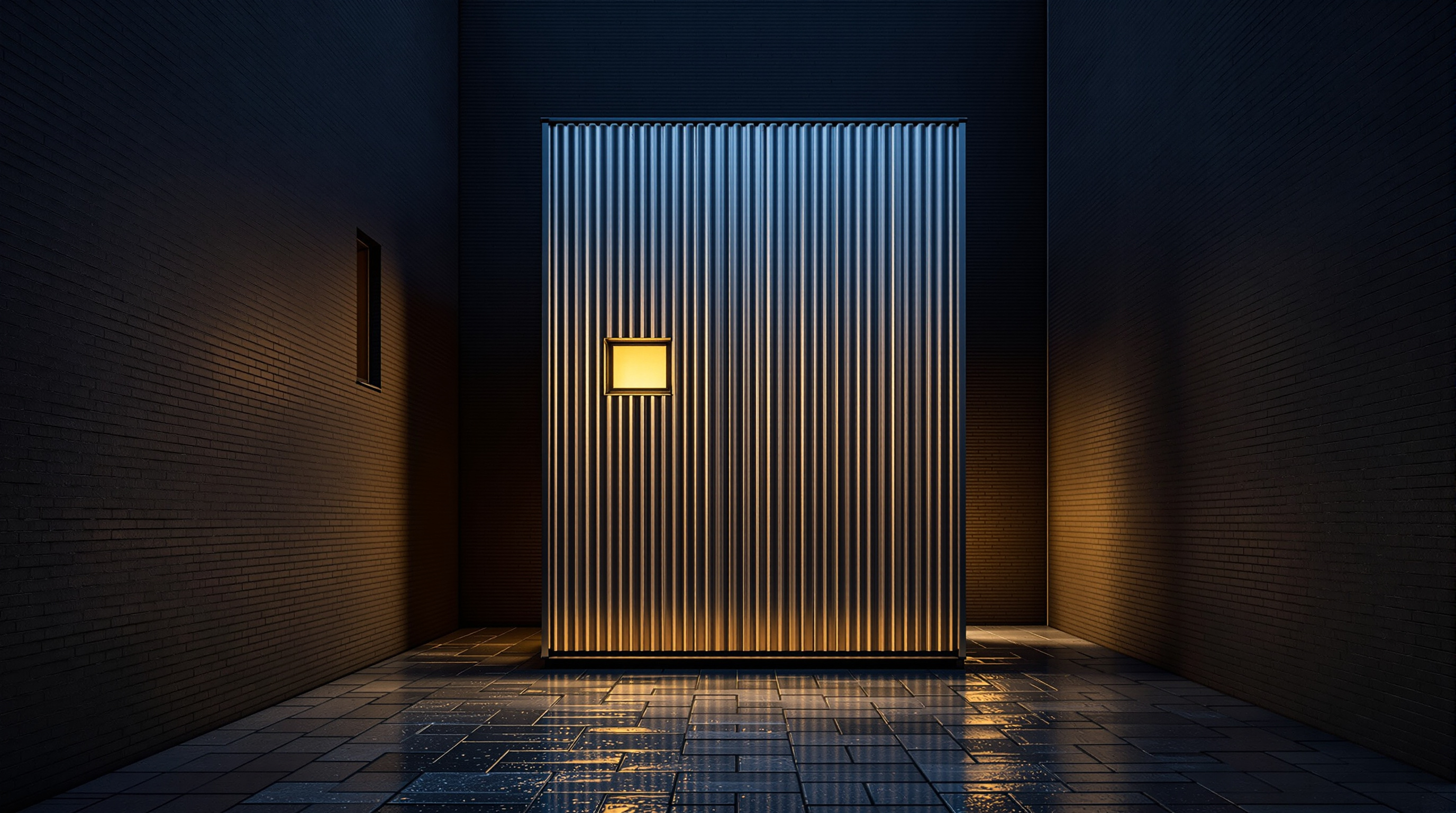 Boxhome seen at night in the Galleri ROM courtyard, the tall aluminium box quiet and closed against the surrounding city walls, warm light spilling from its few small windows onto the wet Oslo paving