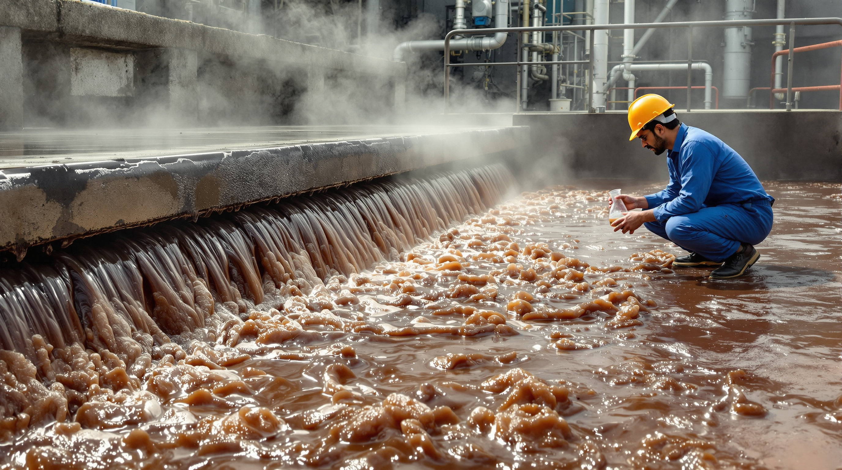 Dark brown, foamy high-strength distillery spent wash flowing into an open collection channel at an Indian effluent plant