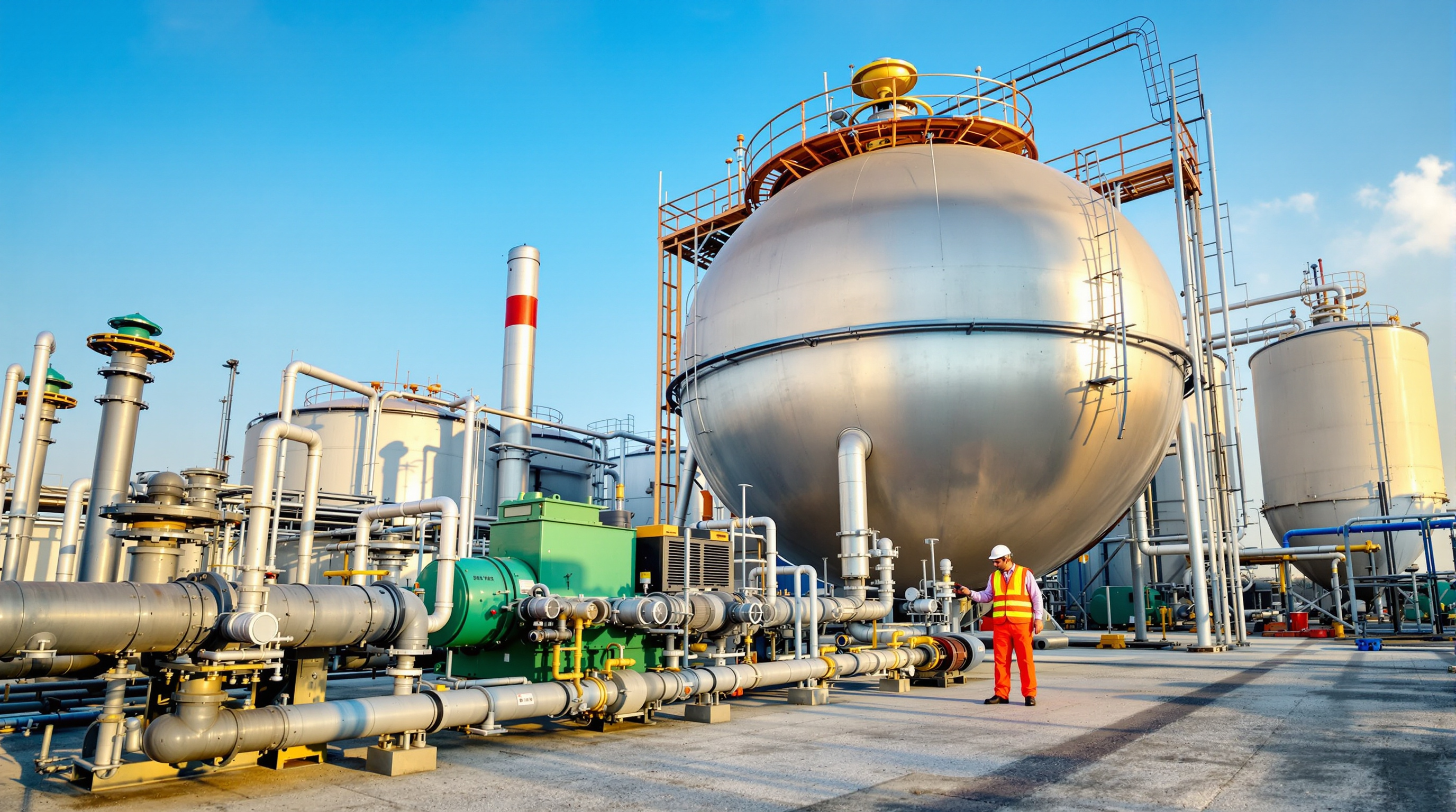 Large spherical biogas holder and a gas engine at an Indian brewery effluent plant with an engineer inspecting valves