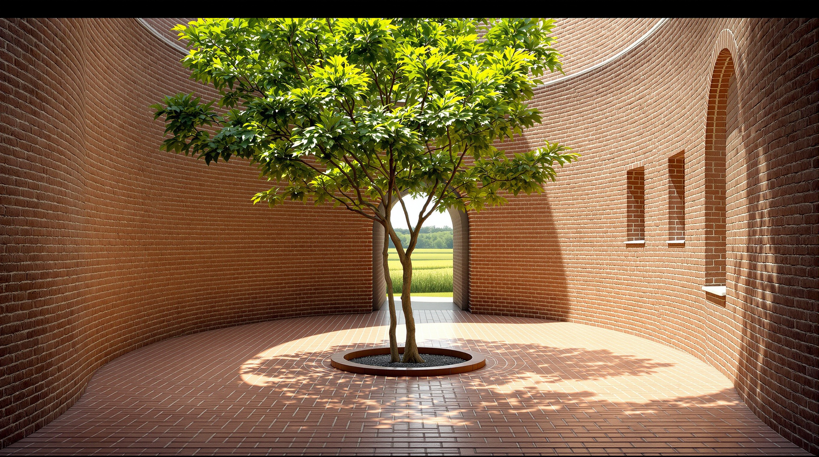 The central courtyard of the Brick House: curved exposed-brick walls wrapping a small open court with a single tree, dappled sunlight falling through the leaves onto a red-oxide floor, an arched opening framing green farmland beyond