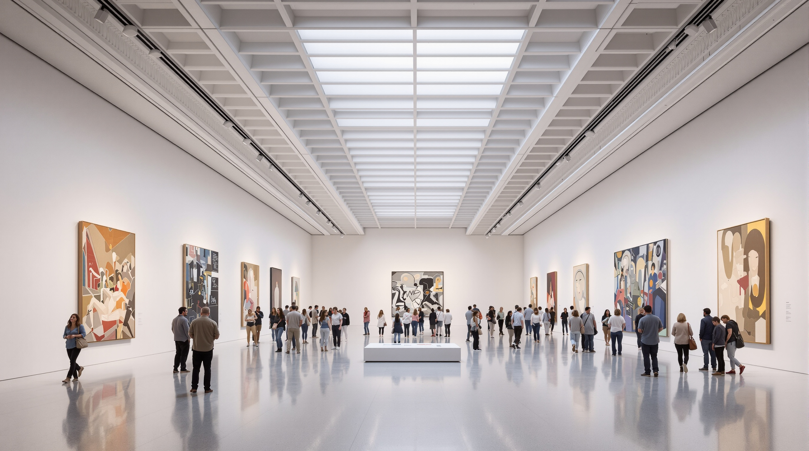 The daylit third-floor gallery of The Broad: a vast column-free white hall with a soft even glow falling from the coffered skylight ceiling above, visitors small against large-scale contemporary paintings on the far walls