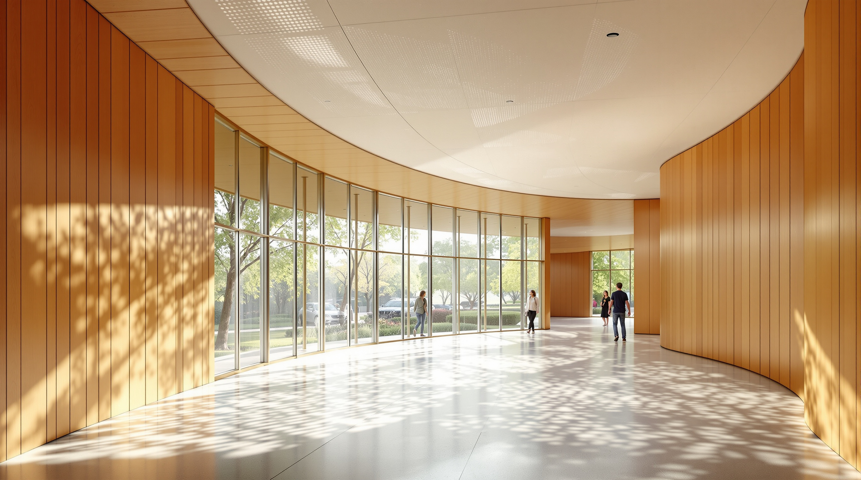 Interior of the Brooklyn Botanic Garden Visitor Center: a naturally lit gallery corridor curving gently to the right, floor-to-ceiling fritted glass on the garden side casting a soft pattern of shadow across a polished concrete floor, warm ginkgo-wood paneling lining the opposite wall
