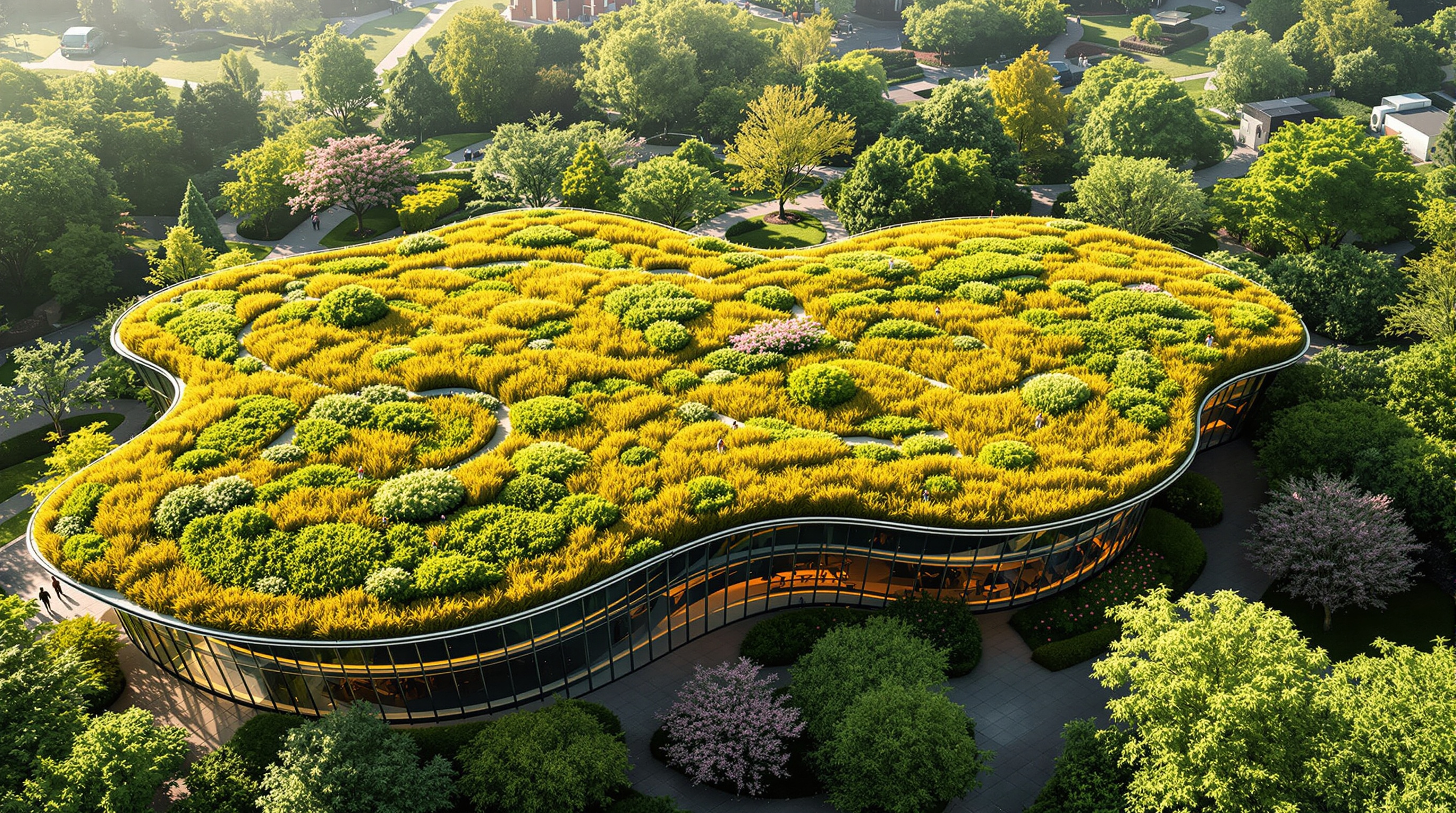 Aerial view looking down on the Brooklyn Botanic Garden Visitor Center's leaf-shaped green roof in late summer, the curving planted surface densely covered in golden grasses and wildflowers, garden paths and cherry trees visible around its sinuous edge, the glass wall glinting below the roofline
