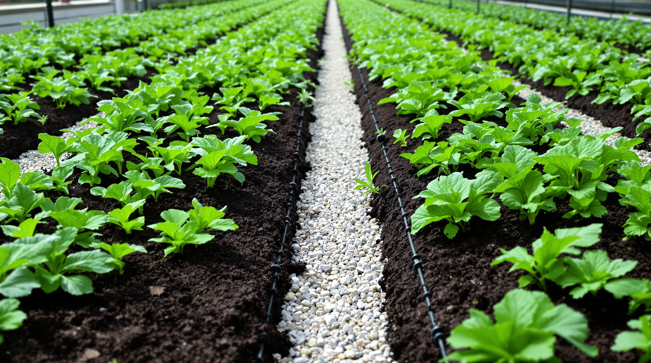 Close-up of the engineered rooftop growing beds at Brooklyn Grange, dark crumbly lightweight soil planted with rows of leafy greens and herbs, a shallow gravel walkway between beds, drip irrigation lines visible along the rows