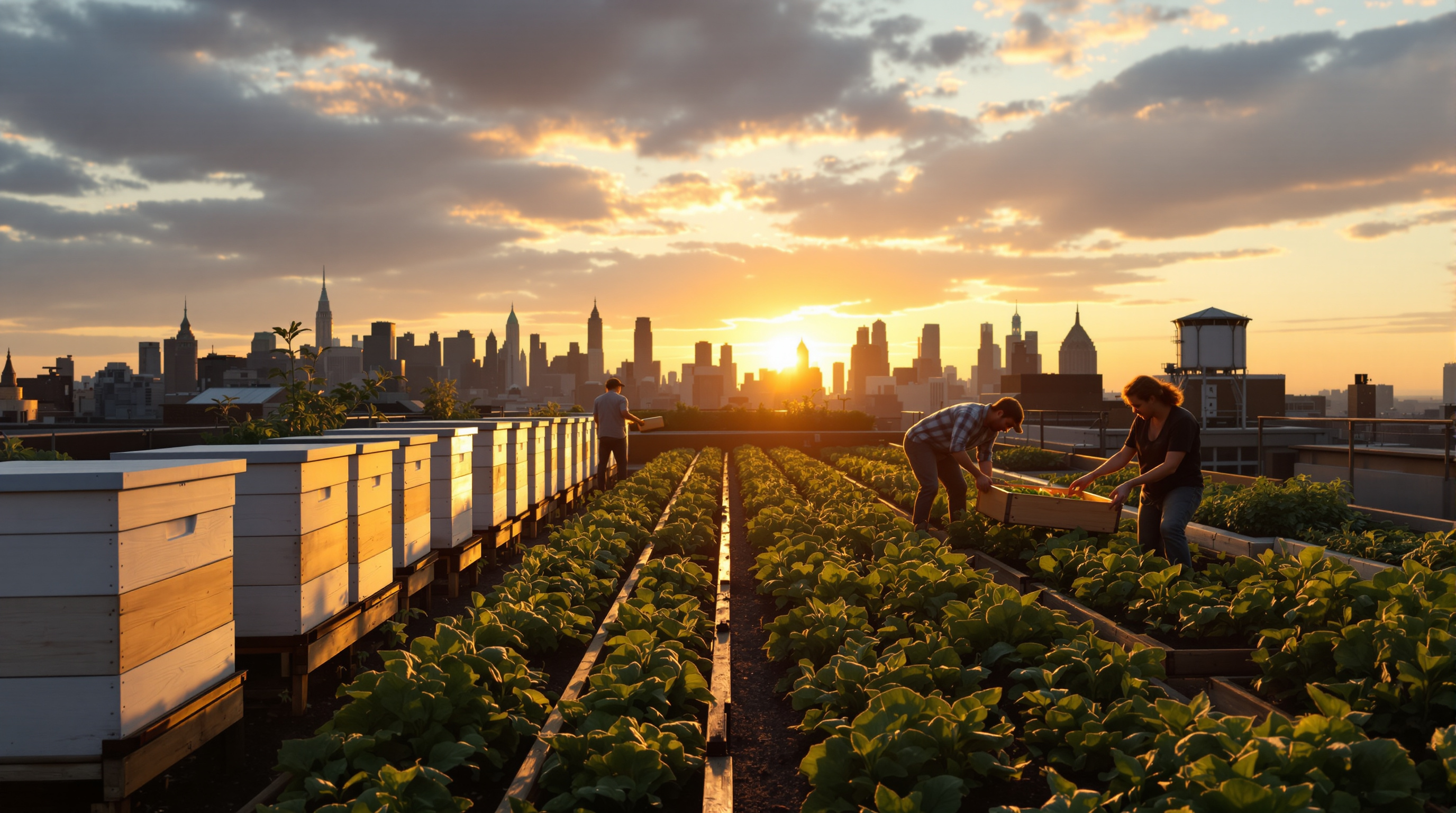 Wide view of the Brooklyn Grange rooftop farm at golden hour, farmers harvesting vegetables into crates among long planted beds, rows of beehives at one edge, the Manhattan and Queens skyline and a water tower silhouetted against a warm evening sky