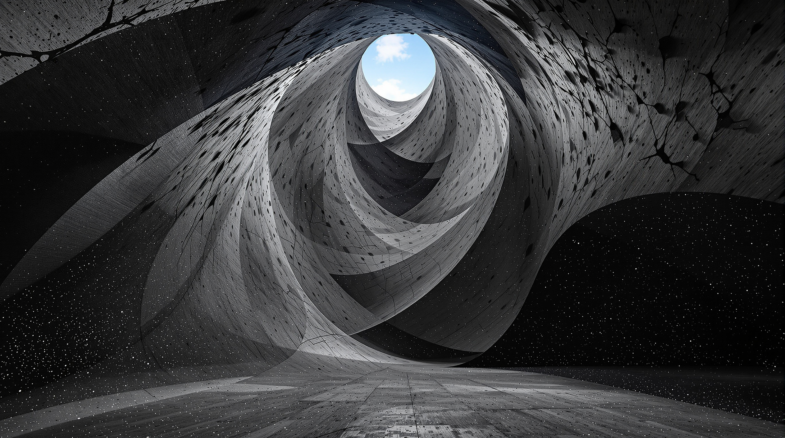 Interior view up the twisting, blackened charred concrete walls of the Bruder Klaus Field Chapel toward the ragged teardrop oculus open to a bright sky, the surfaces textured with the burned impressions of tree trunks and pricked with tiny points of daylight