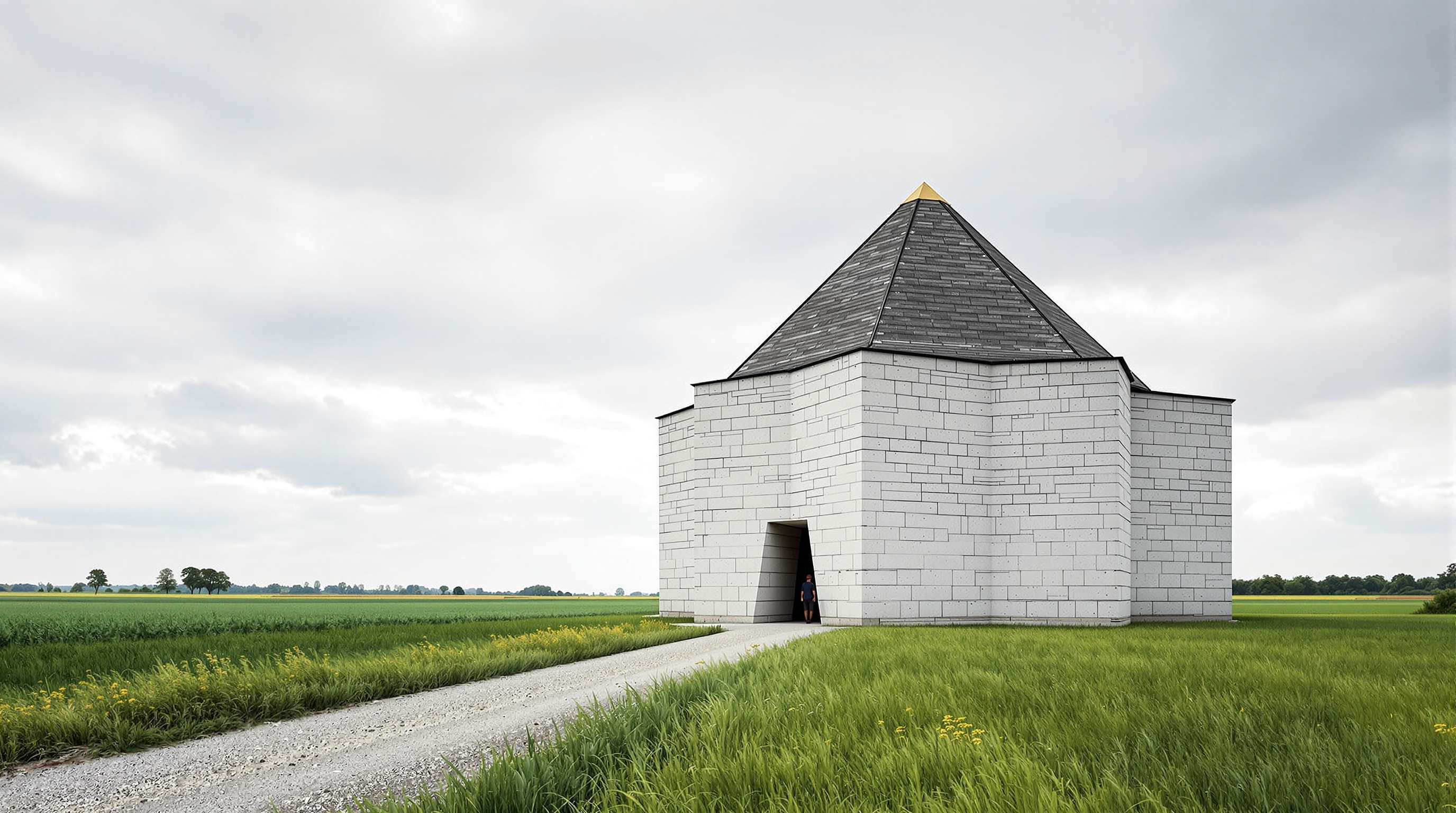 The pale five-sided exterior of the Bruder Klaus Field Chapel at the end of a straight farm track through green fields, its stratified concrete surface and small triangular door set against a broad clouded Eifel sky, a lone figure approaching for scale