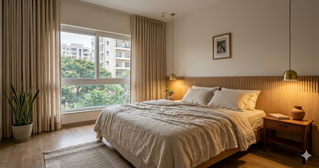 Photograph of a premium reading Indian master bedroom on a two lakh bedroom budget low slung oak veneer headboard panel with a soft fluted detail anchoring an unmade bed dressed in layered cream and sand linen bedding two suspended brushed brass bedside pendants warm 2700K glow casting soft shadows a single Khurja terracotta vessel on a vintage teak side table flipped from OLX a tall slim potted Sansevieria near the window oat linen S fold floor to ceiling drape pulled half open a small Khoj sourced print framed in solid oak on the wall opposite the bed bare oak floor with a small wool dhurrie at the foot a calm restful pre dawn atmosphere quiet luxury budget execution Indian apartment context