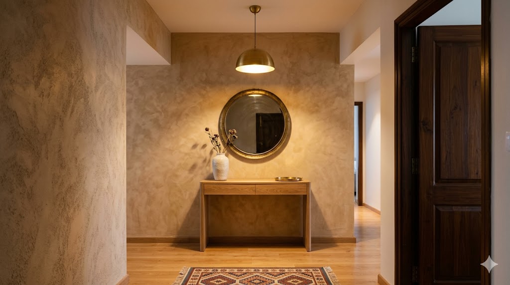 Photograph of a budget luxury entry foyer in an Indian two BHK apartment 60 to 80 square feet a single statement Beem brass pendant hanging at the centre casting a warm 2700K pool of light onto a slim oak veneer console below the wall behind the console finished in a hand sponged lime plaster effect in soft tan tones using Asian Paints Royale Play Stucco a single tall hand thrown Auroville ceramic vase placed off centre on the console a round antique brass framed mirror hanging above a small Jaipur Rugs entry dhurrie at the threshold an Indian wooden door visible to the right warm Sunday evening atmosphere total foyer spend under fifteen thousand rupees yet the space reads as the entry of a fifty lakh interior magazine quality photograph