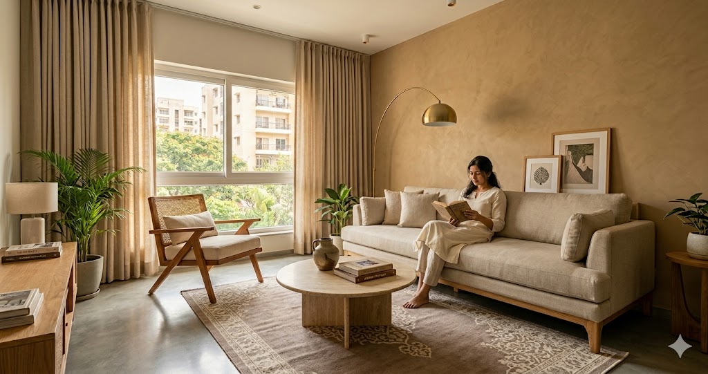 Wide angle photograph of a budget luxury two BHK living room in a Bengaluru high rise morning light filtering through ceiling mounted oat linen S fold drapes onto a low slung heavy linen sofa with replaced solid oak tapered legs anchoring a soft taupe Jaipur Rugs dhurrie a travertine effect round coffee table with a single hand thrown Khurja stoneware vessel and a small stack of two design books a single brushed brass arc floor lamp over one end of the sofa a limewash effect accent wall behind in warm tan finished in Asian Paints Royale Play Stucco a Phantom Hands cane back lounge chair angled toward the window an Indian woman in her early thirties in a cream cotton kurta reading on the sofa with bare feet warm Sunday afternoon mood the total interior budget for the entire two BHK is six to seven lakhs but the room reads as fifteen lakhs of designer interior work magazine quality budget luxury photograph