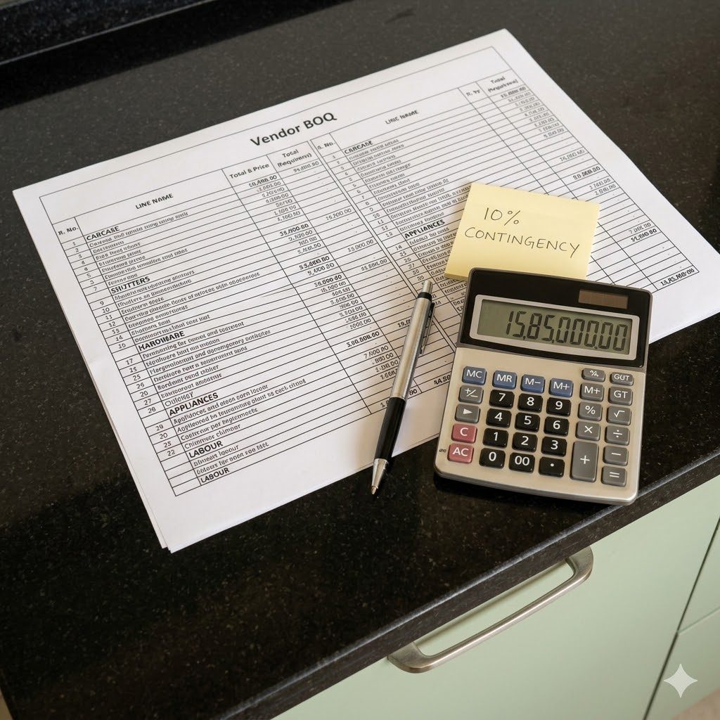 A printed vendor BOQ for a modular kitchen lying on a granite countertop, with a pen, a calculator showing a total in lakhs of rupees, and a small sticky note that reads ten percent contingency in pencil