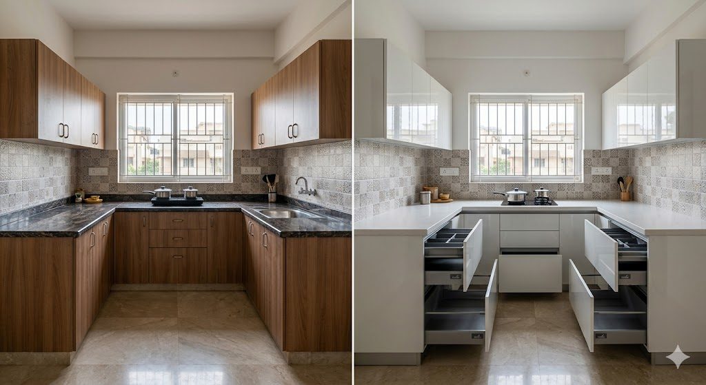 Two identical-layout L-shaped modular kitchens side by side — left with laminate shutters, granite counter and local hardware; right with handle-less PU shutters, quartz counter and Hettich tandembox drawers, the same window and tile backdrop in both